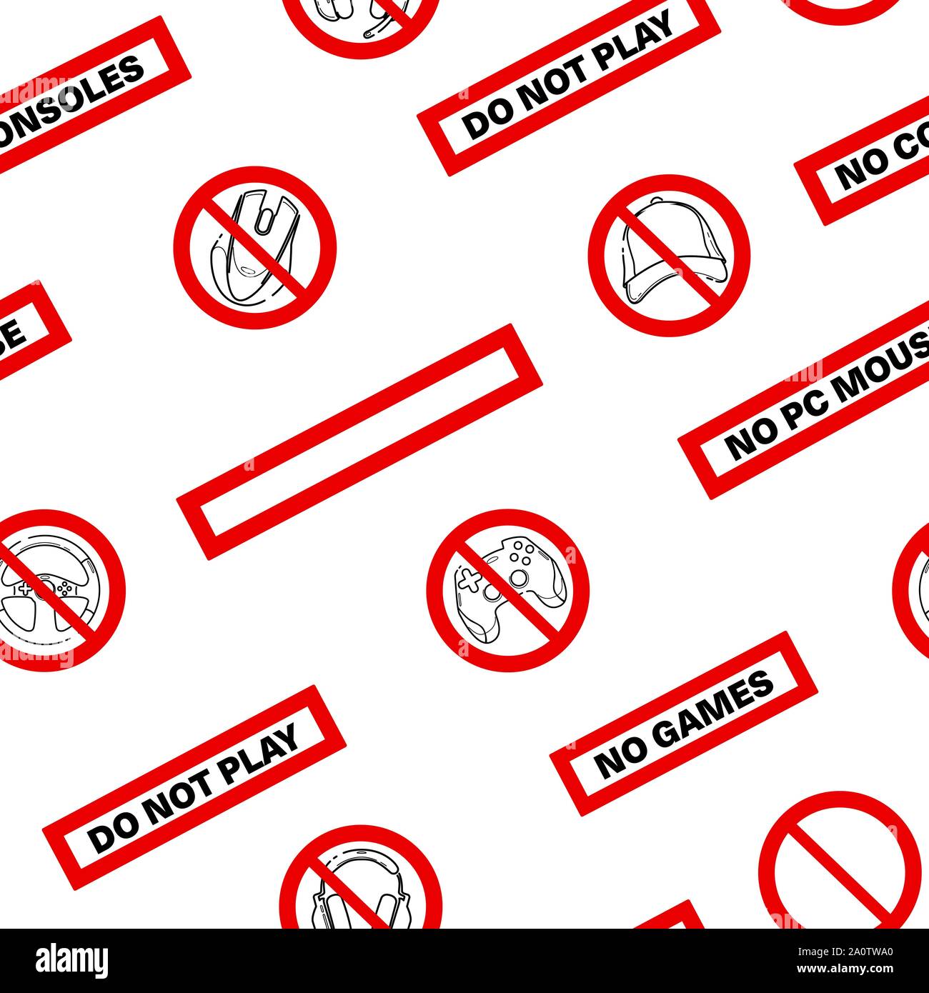 Pas de jeux. Pas de consoles. Pas de modèle uniforme de la manette de jeu. Aucun signe de la manette. Icône gamepad interdit. Jeux interdits icon set, ligne sign design. Ne pas jouer à des jeux. Autocollants. Concept art avec izolated ligne arrière. Gamepad, écouteurs, vr, souris, clavier, coupe des éléments. Illustration de Vecteur