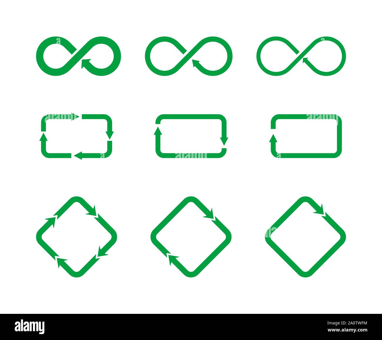 Ensemble d'icônes différentes représentant le recyclage et la circulation. Le vert réutilisent le signer. L'icône de boucle infinie. Rhombus avec des flèches. Rectangle avec des flèches Illustration de Vecteur