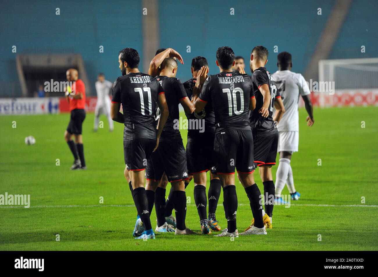 Rades, Tunis. Sep 21, 2019. Les joueurs tunisiens célèbrent le seul but du match de qualification au cours de la première étape de Chan Cameroun 2020 entre la Tunisie et la Libye au stade de Rades.photo:Yassine Mahjoub. Credit : Chokri Mahjoub/ZUMA/Alamy Fil Live News Banque D'Images