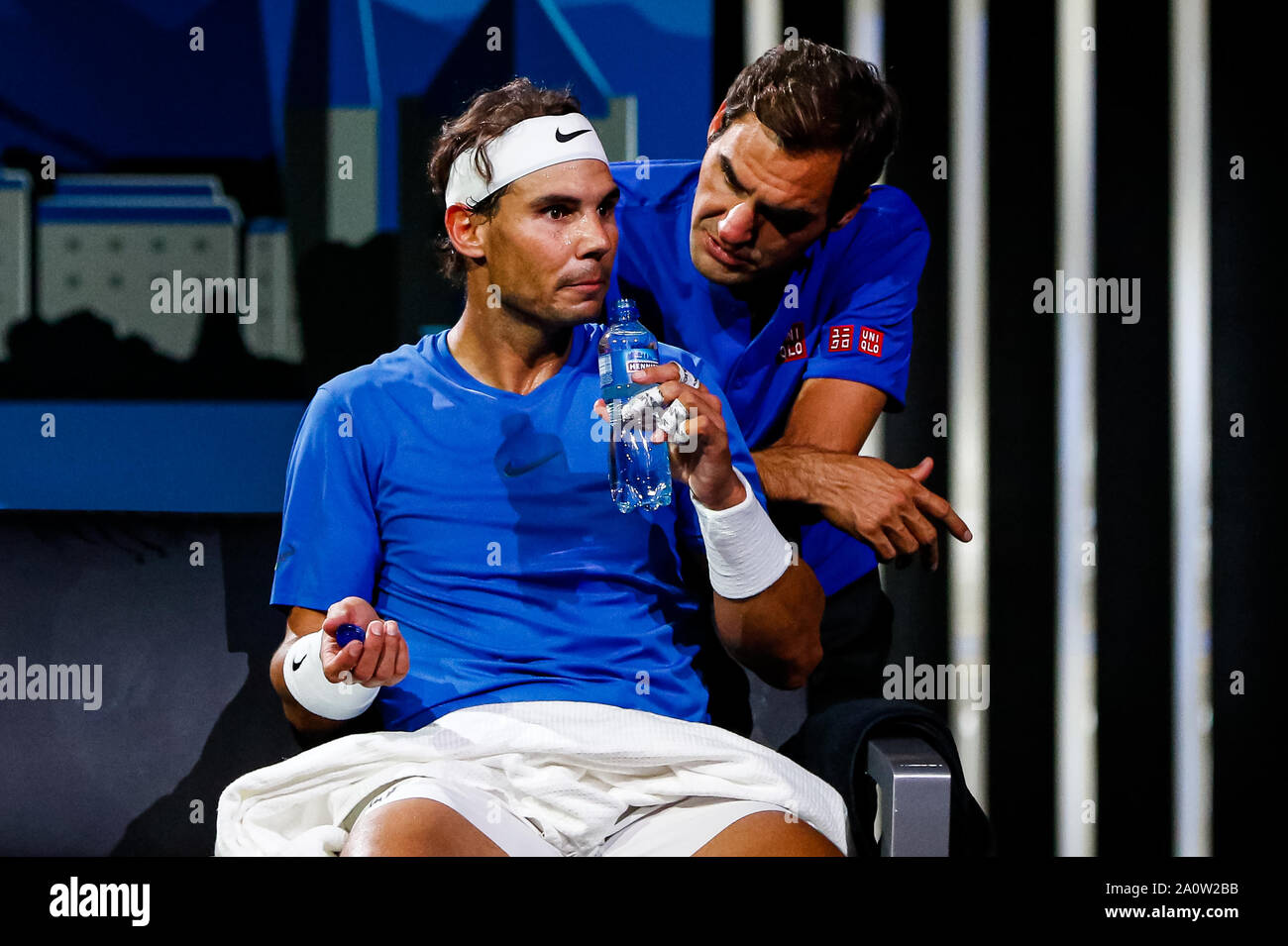 Genève, Suisse. Sep 21, 2019. L'Europe de l'équipe de Rafael Nadal et Roger  Federer de Team Europe réagit au cours de la deuxième journée de la cuve  Cup 2019 à Palexpo le