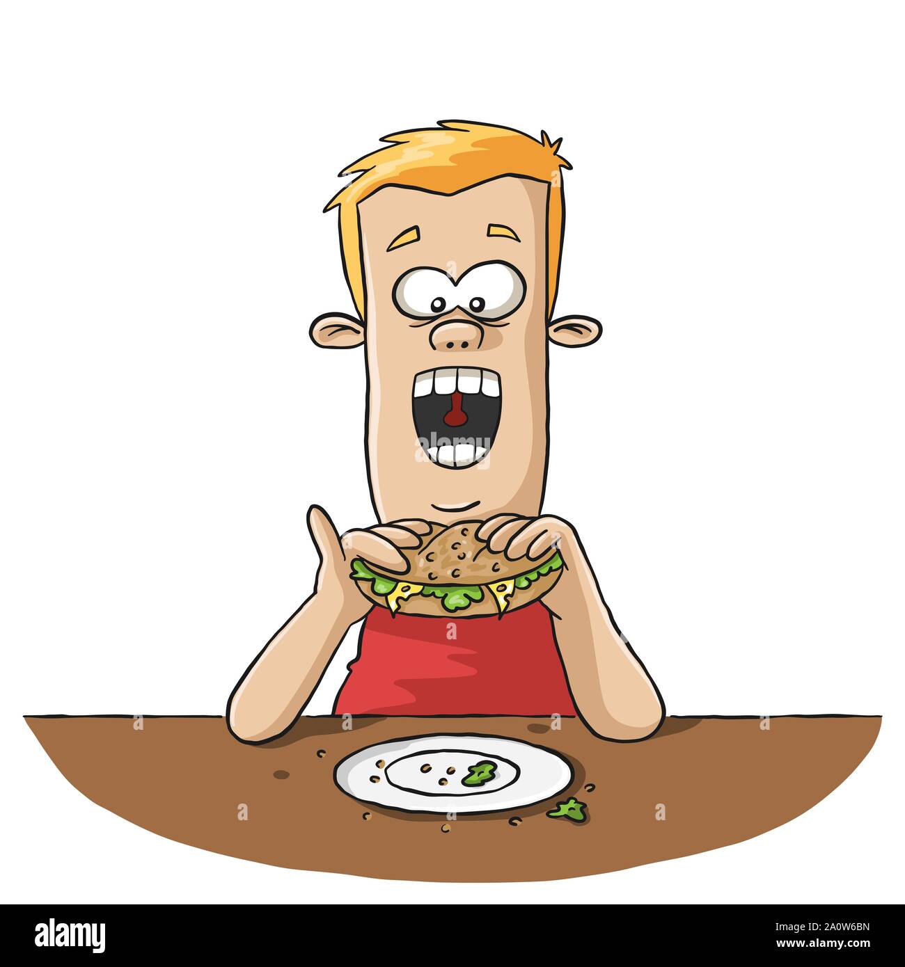 Homme mange un sandwich. Hand drawn vector illustration. Illustration de Vecteur