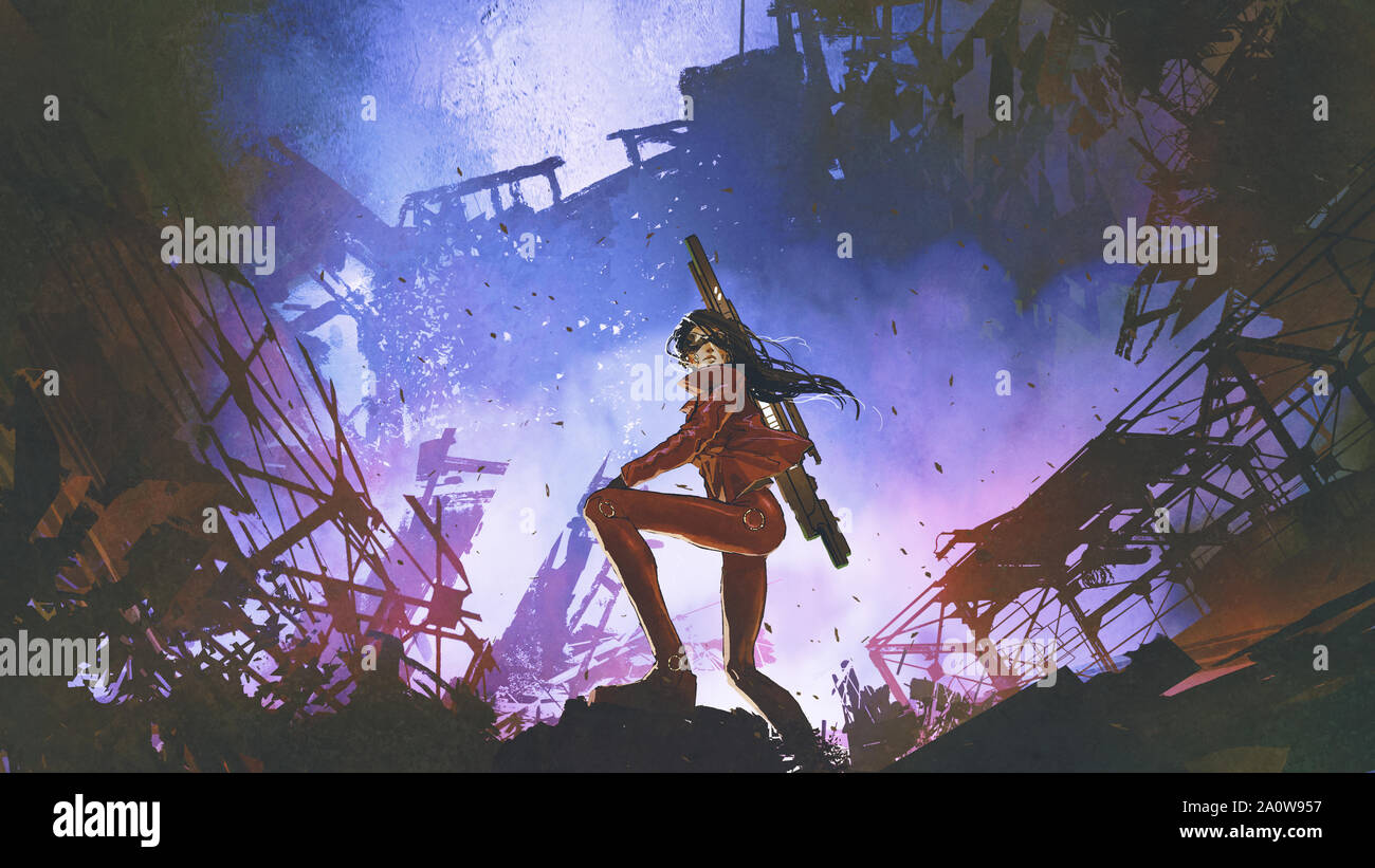 Femme Soldat futuriste avec des armes d'article contre la ville en ruines, style art numérique, illustration peinture Banque D'Images