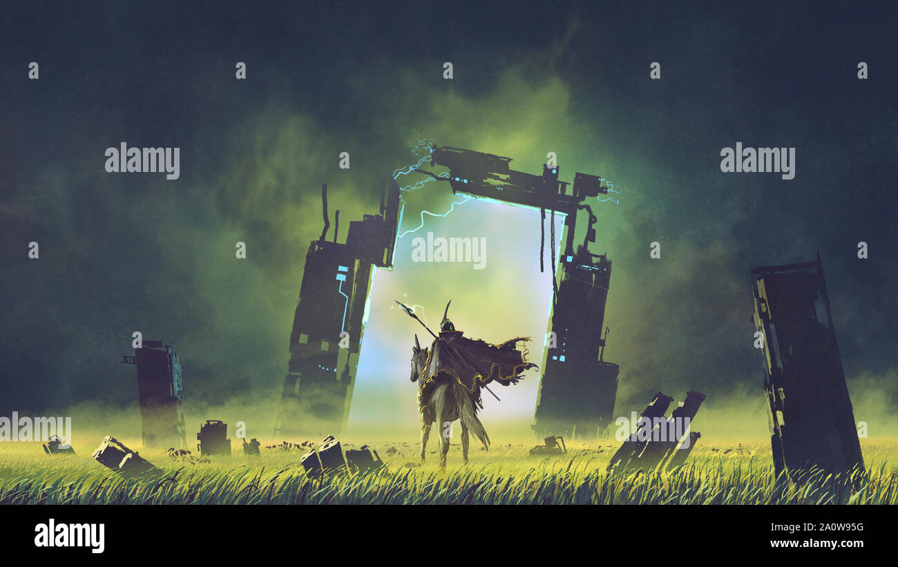 Le chevalier futuriste sur une licorne noire entrer dans le portail cassé à un autre monde, art numérique, peinture style illustration Banque D'Images