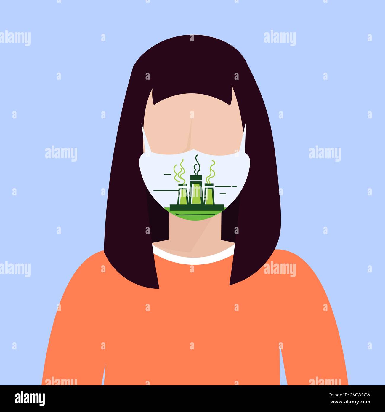 Femme portant un masque de protection avec l'icône de bâtiment de l'usine de tuyaux de l'usine de la pollution de l'air smog concept de protection antivirus avatar profil fille femme Illustration de Vecteur