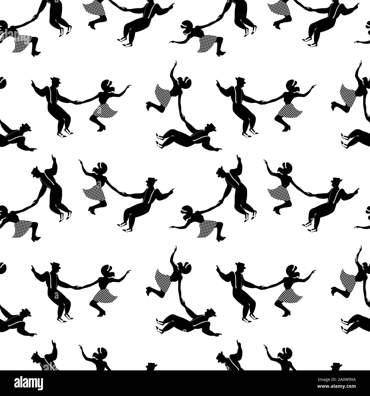 Modèle transparent avec les couples danser le jazz. Les couleurs noir et blanc. Années 1940 et 1930, style. Femme en jupe avec des points et de l'homme avec bretelles et chapeau. Illustration de Vecteur