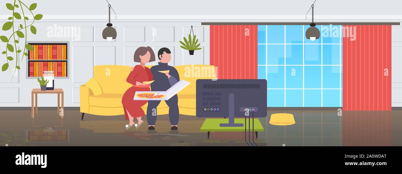 Homme obèse fat woman sitting on couch eating fast food pizza concept nutrition malsaine couple watching tv sur canapé salon moderne l'intérieur Illustration de Vecteur