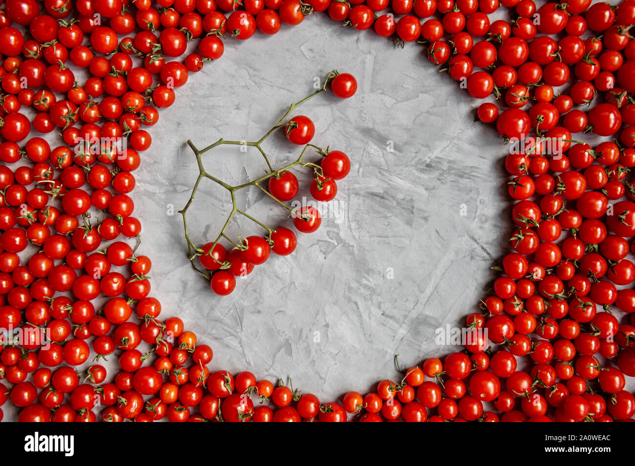 Cadre rond de tomates cerise sur un fond gris. Mise à plat. Copier l'espace. Banque D'Images