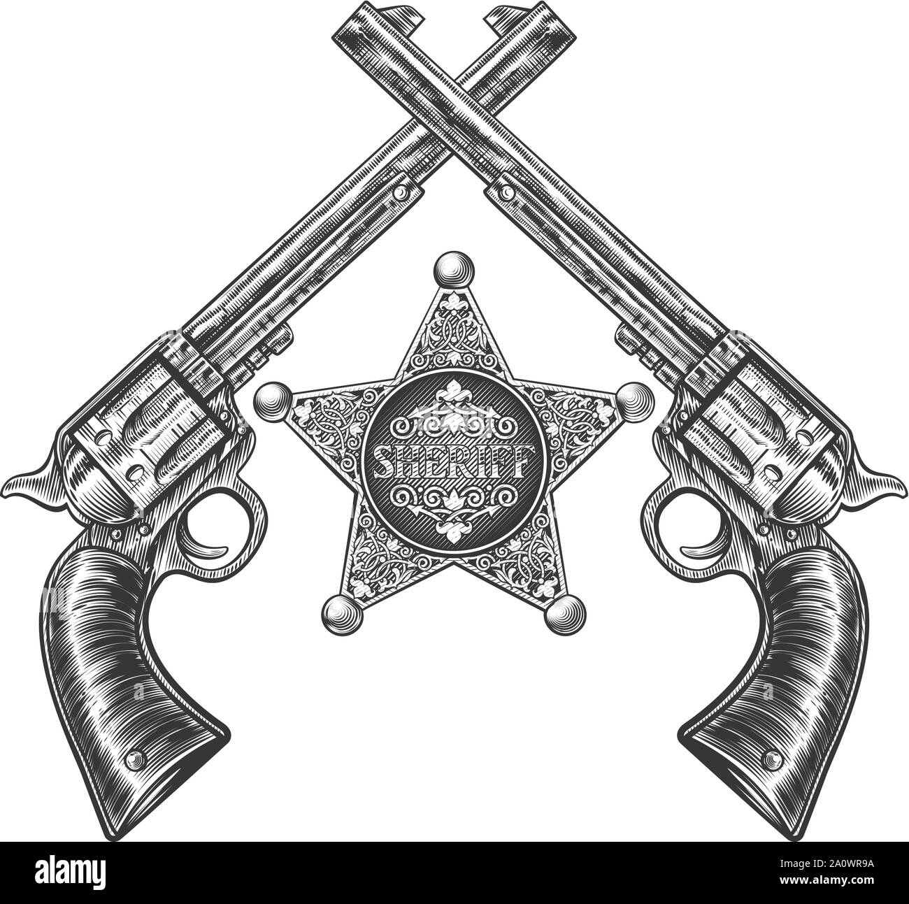 Pistolets croisés et Badge étoile shérif Illustration de Vecteur
