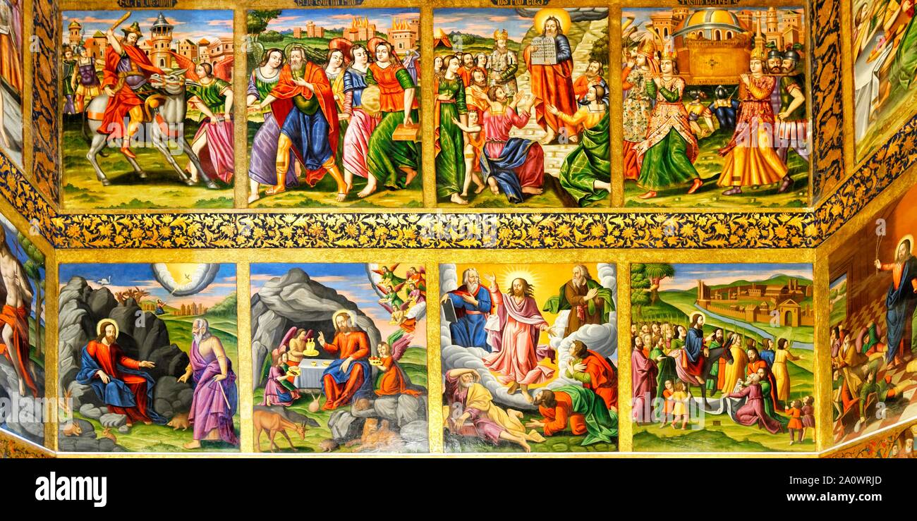 L'intérieur, des fresques représentant des scènes de la Bible, la Cathédrale Saint Sauveur, Ispahan, Iran Banque D'Images