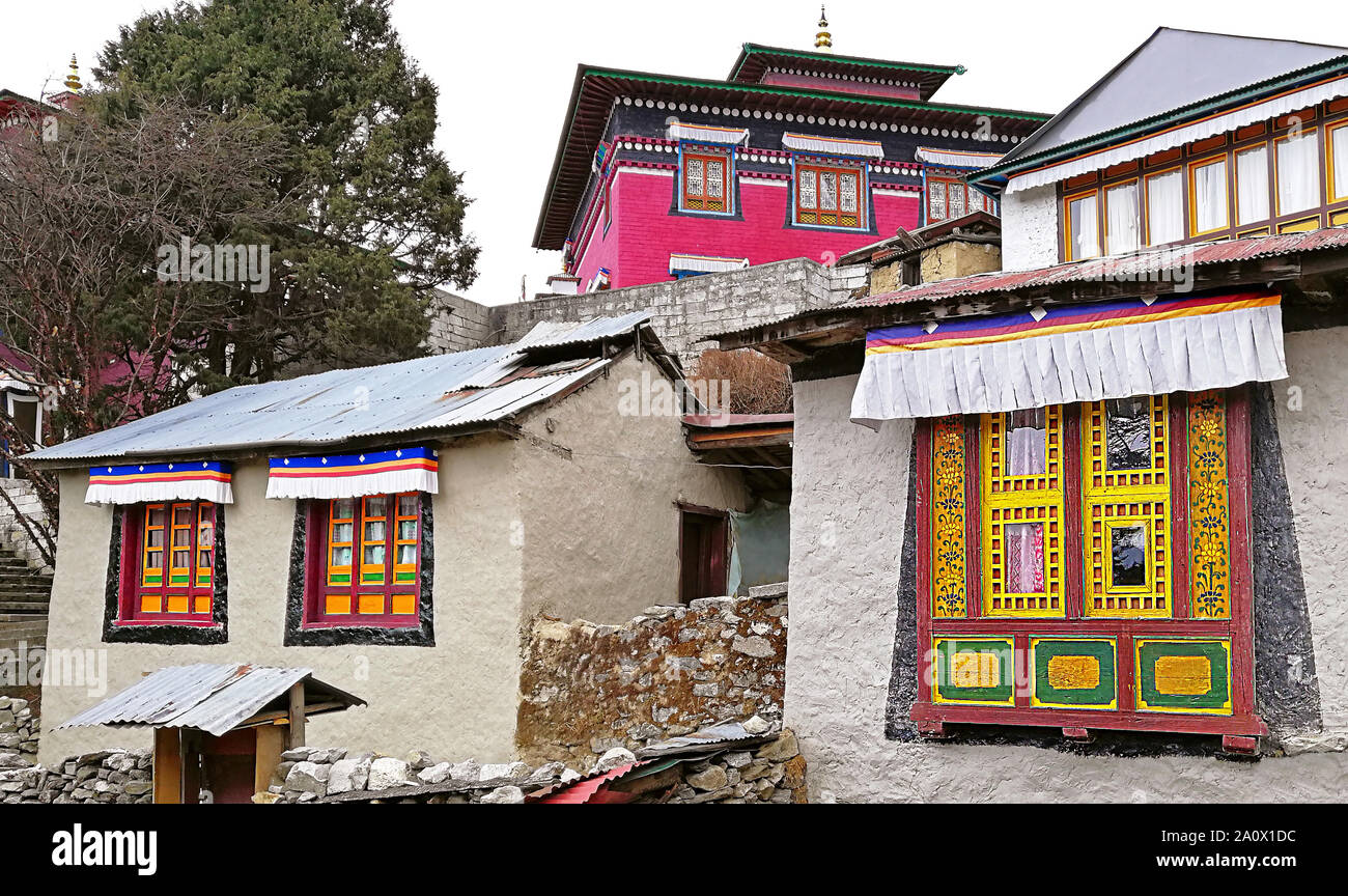 Tendance intéressante sur les fenêtres de Tengboche monastère Bouddhiste. Trekking au camp de base de l'Everest, la vallée de Khumbu, parc national de Sagarmatha, Solukhumbu Banque D'Images