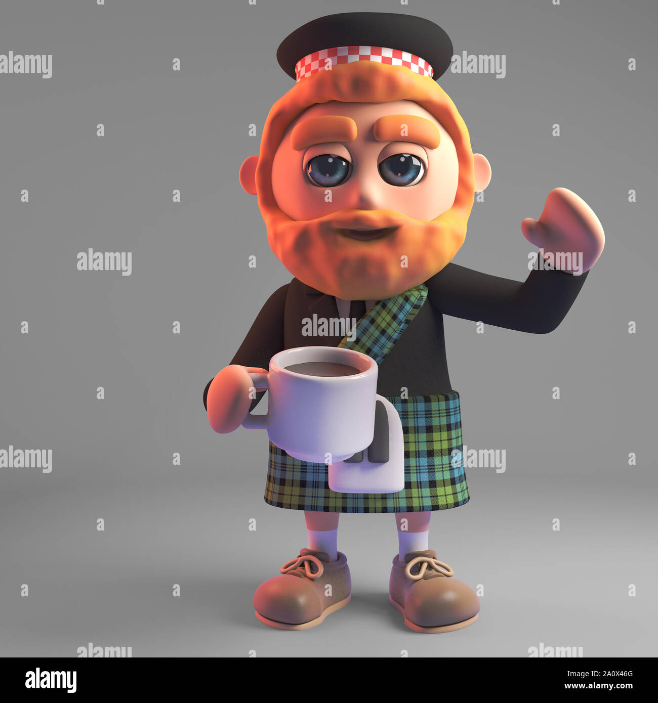 3d Cartoon écossais avec barbe rouge vêtu d'un kilt et de boire une tasse de café, illustration 3D render Banque D'Images