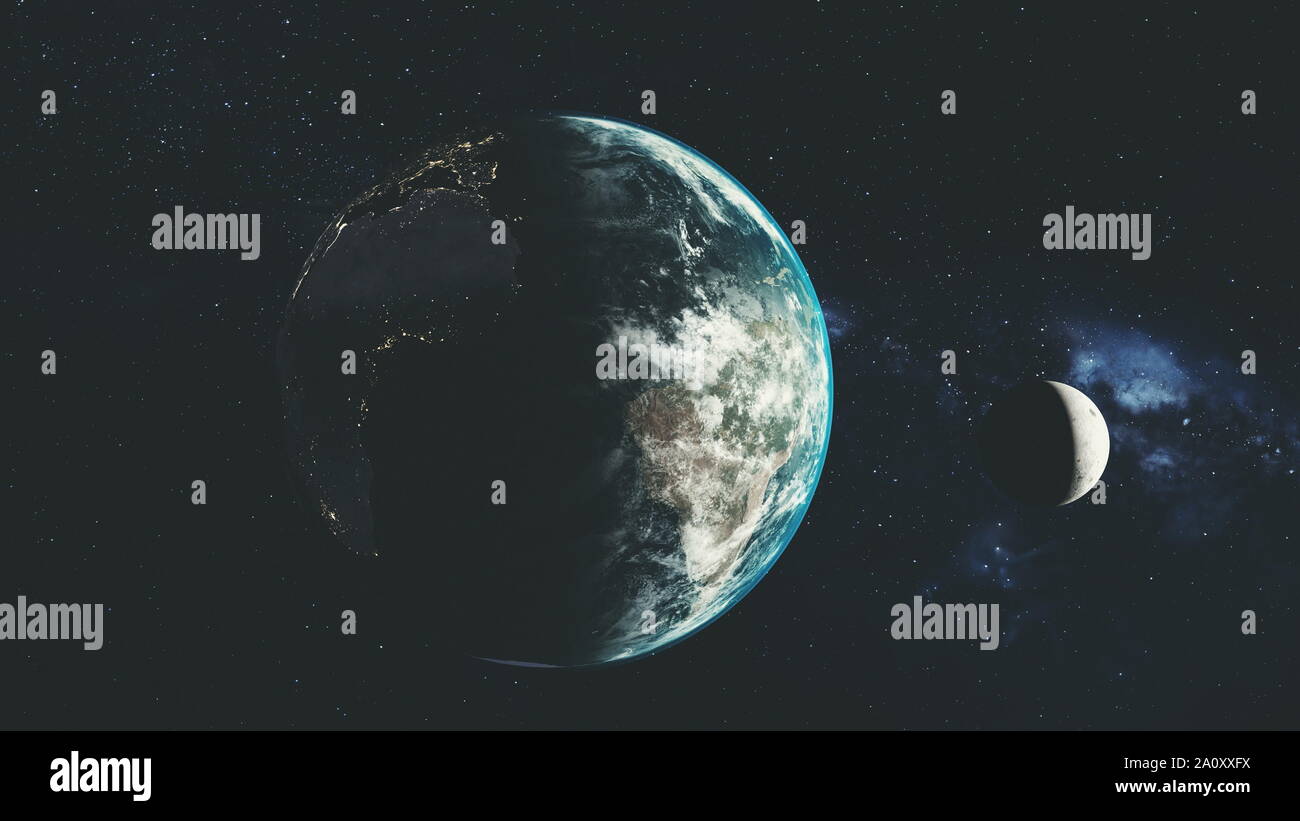 La planète Terre de l'orbite lunaire Spin Space Sun Beam Glow. Étoiles Galaxie Vue ouvert Constellation Radiance Voie Lactée Light Space Travel Concept Animation 3D Banque D'Images