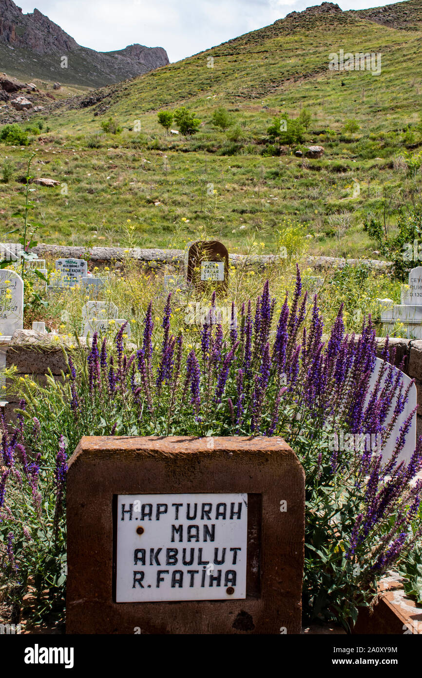 Dogubayazıt, Turquie : Tombes, pierres tombales et des fleurs dans le cimetière à côté de la petite mosquée près de l'Ishak Pasha Palace et le château de vieux Beyazit Banque D'Images