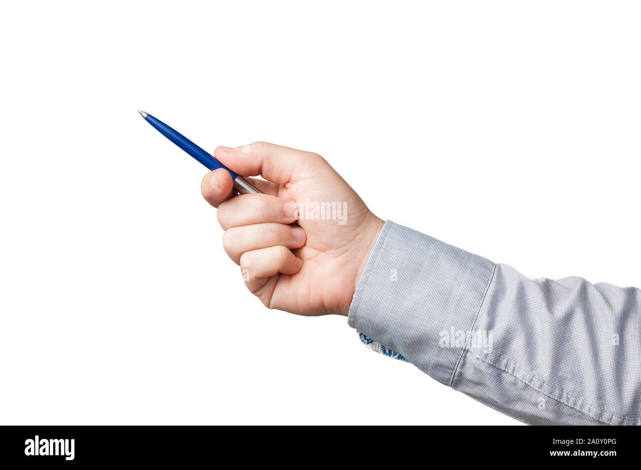 Businessman hand pointing au cours d'une présentation à l'aide d'un stylo bleu, fond blanc Banque D'Images