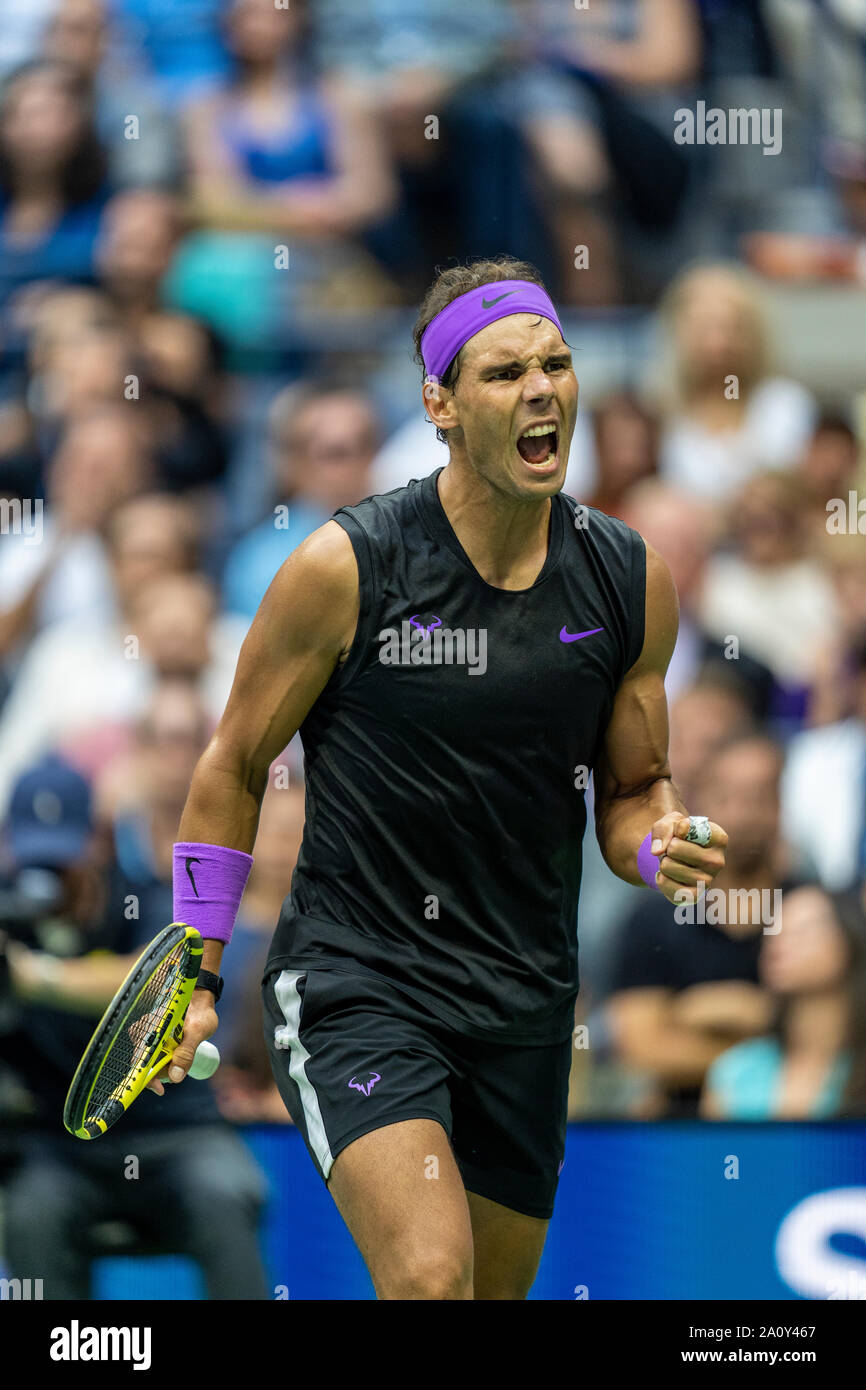 Rafael Nadal de la réaction émotionnelle tout en participant à la finale de la masculin à l'US Open de Tennis 2019 Banque D'Images