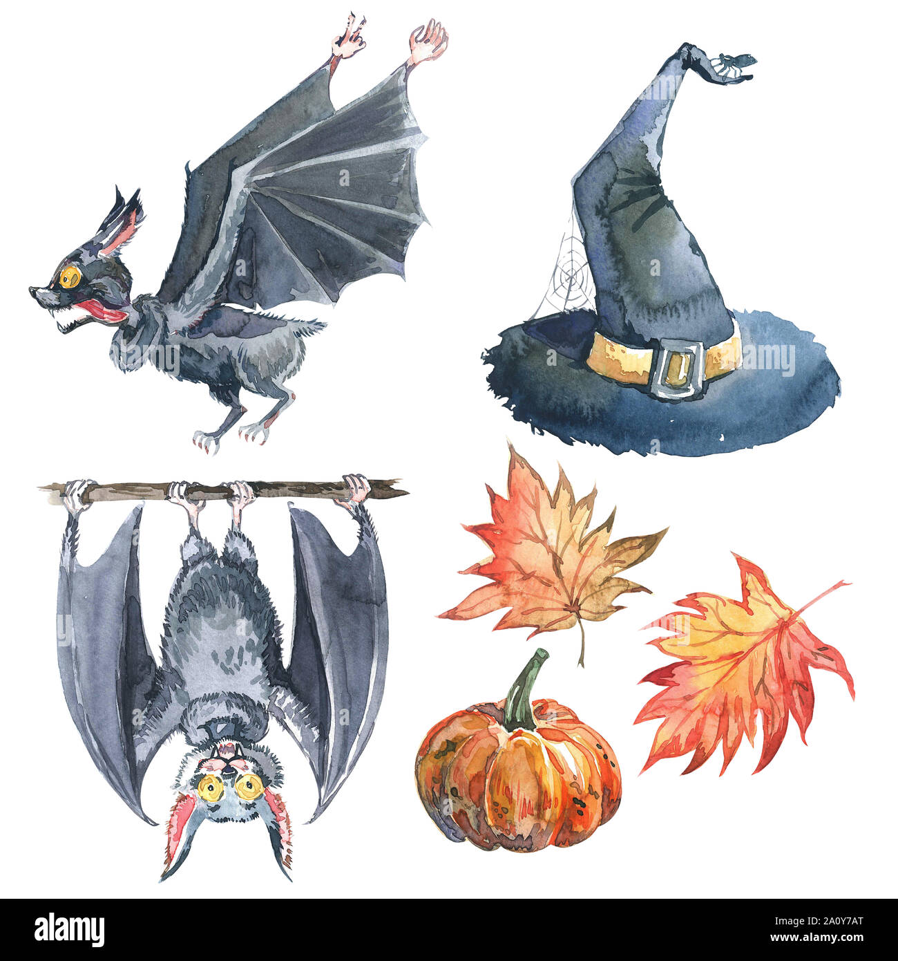 Aquarelle Halloween set : feuille d'érable, chauve-souris, citrouille, halloween chapeau de sorcière et de lettrage. Isolé sur blanc. Illustration sur le thème de l'automne maison de vacances f Banque D'Images