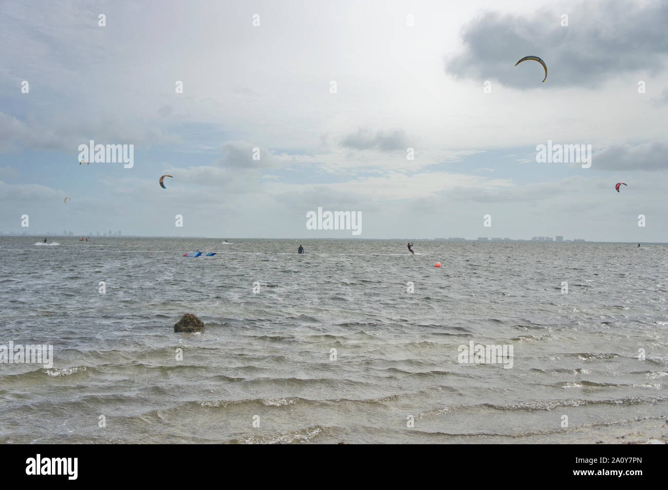 Biscayne Bay sur un dimanche matin venteux avec de nombreux kiteboarders profitant de la météo, car vu de Matheson Hammock Park Banque D'Images