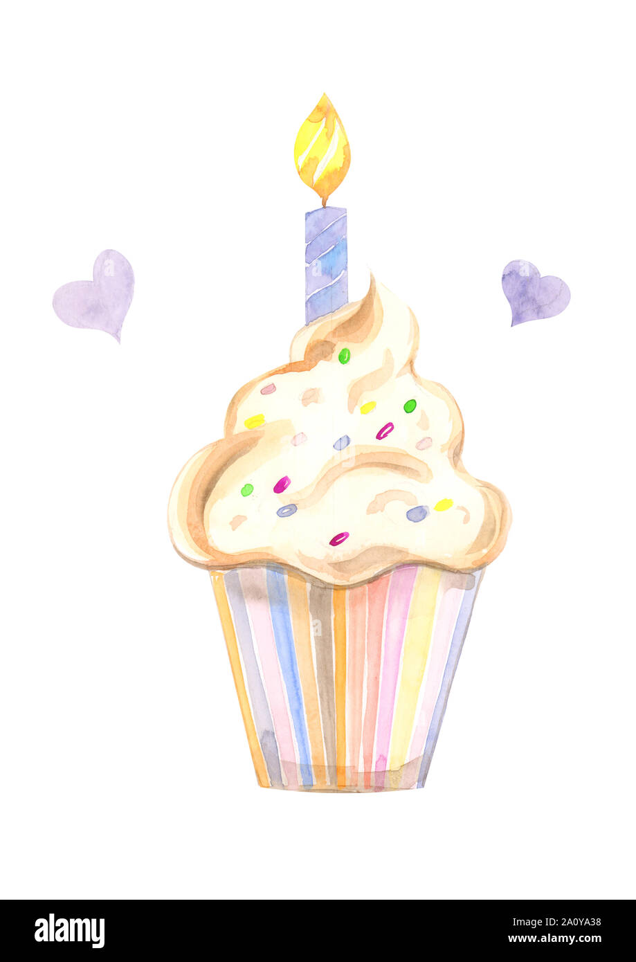 Illustration dessinée par aquarelle gâteau pâtissier dans un panier avec de la crème et une bougie blanche sur un fond isolé Banque D'Images