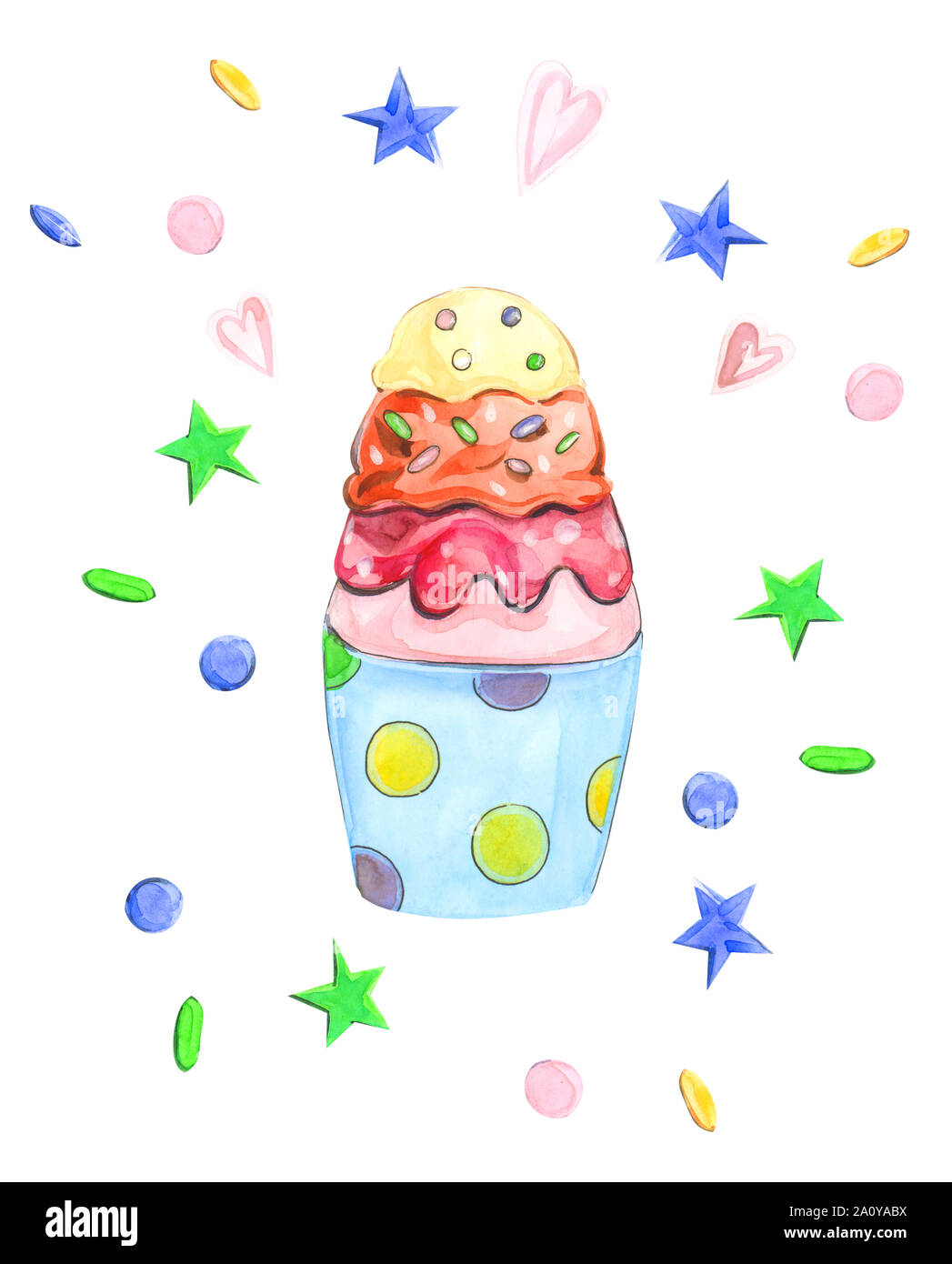 Illustration dessinée par aquarelle gâteau pâtissier dans un panier avec de la crème et une bougie blanche sur un fond isolé Banque D'Images