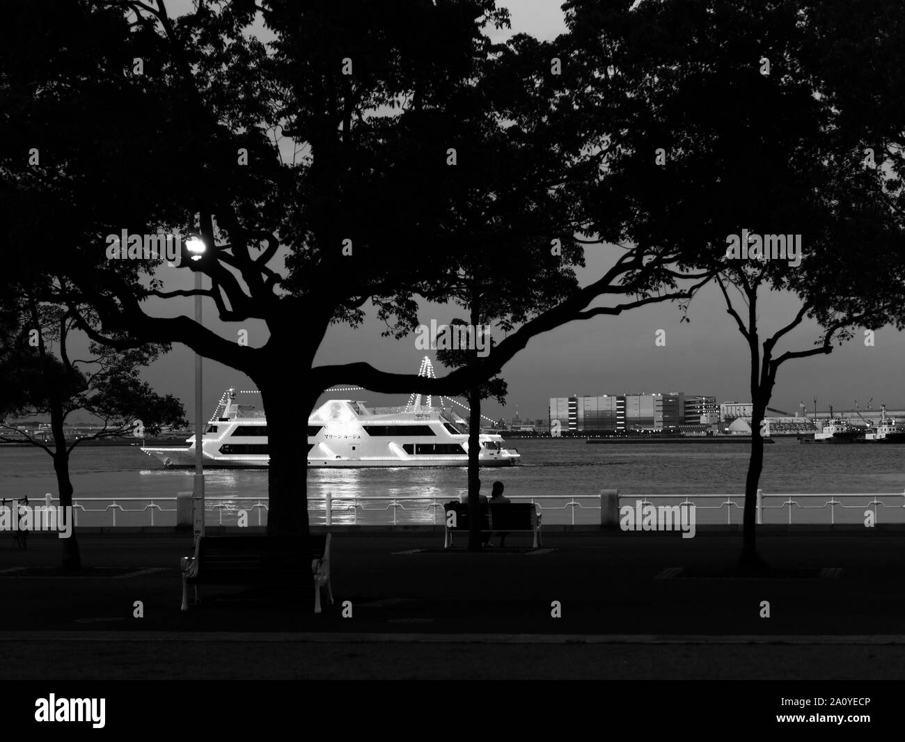 Image en noir et blanc de Yamashita Park au crépuscule. Silhouette d'arbres et les gens assis sur un banc, admirant la vue de la nuit de la Baie de Yokohama, Japon Banque D'Images