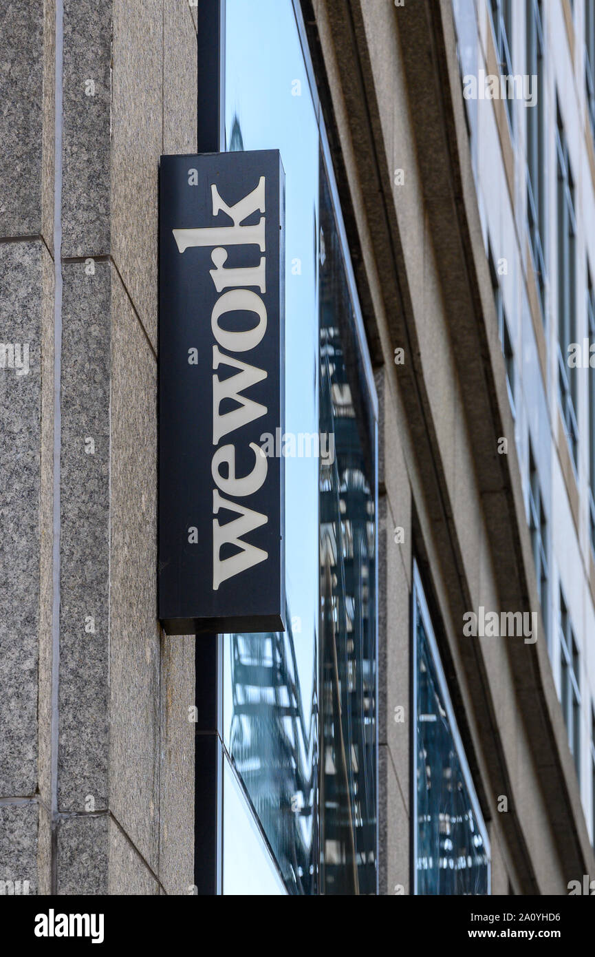 Londres, Royaume-Uni - 21 septembre 2019 : une vue de l'Wework le partage des bureaux sur Bishopsgate Street à Londres Banque D'Images