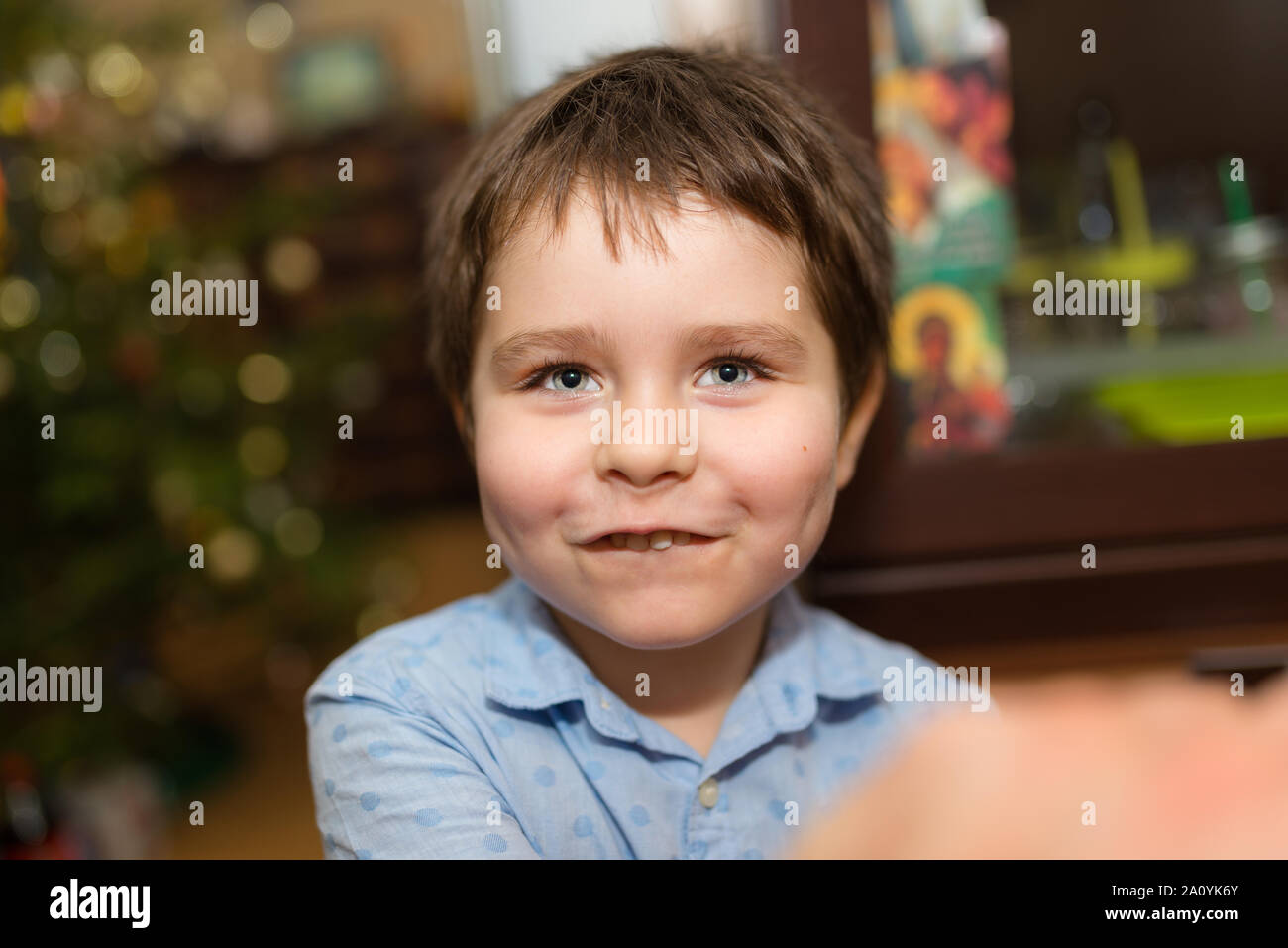 Portrait of a smiling, joli garçon de plusieurs années dans la chambre des enfants. Banque D'Images