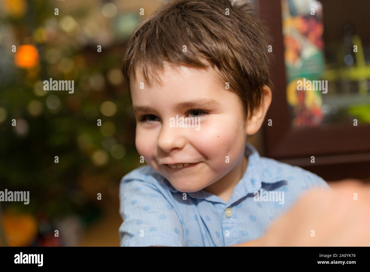 Portrait of a smiling, joli garçon de plusieurs années dans la chambre des enfants. Banque D'Images