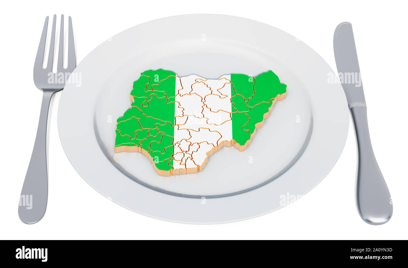 Concept cuisine nigériane. Plaque avec carte de Nigeria. Le rendu 3D Banque D'Images