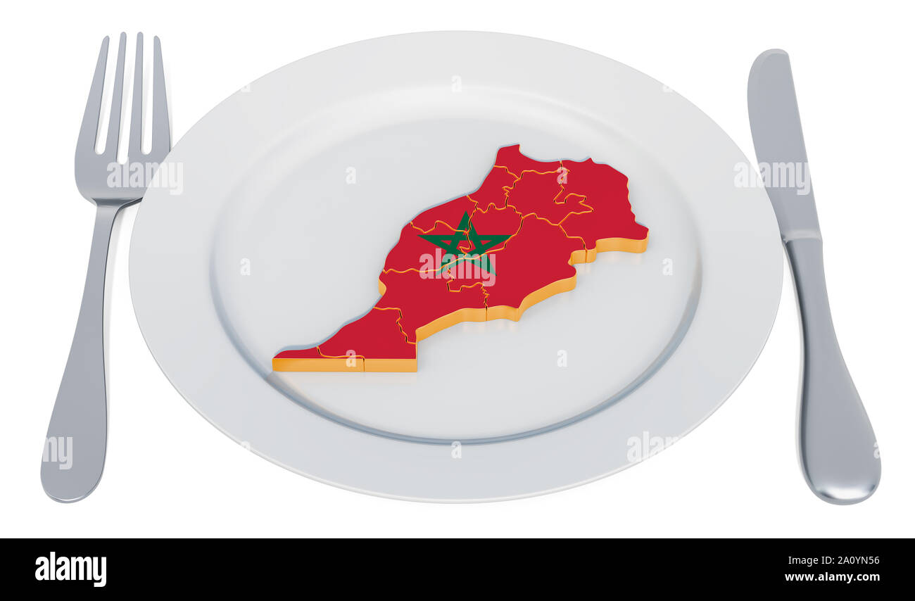 Concept cuisine marocaine. Plaque avec carte du Maroc. Le rendu 3D Banque D'Images