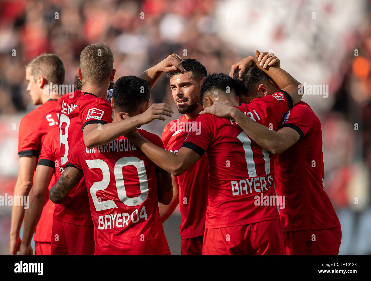 Leverkusen, Allemagne. Sep 21, 2019. jubilation Lev vr Lucas ALARIO (LEV), Nadiem AMIRI (LEV), Kevin VOLLAND (LEV), Charles ARANGUIZ (LEV). Leverkusen (LEV) - Union Berlin (UB), le 21.09.2019 à Leverkusen/Allemagne. ¬ | Conditions de crédit dans le monde entier : dpa/Alamy Live News Banque D'Images