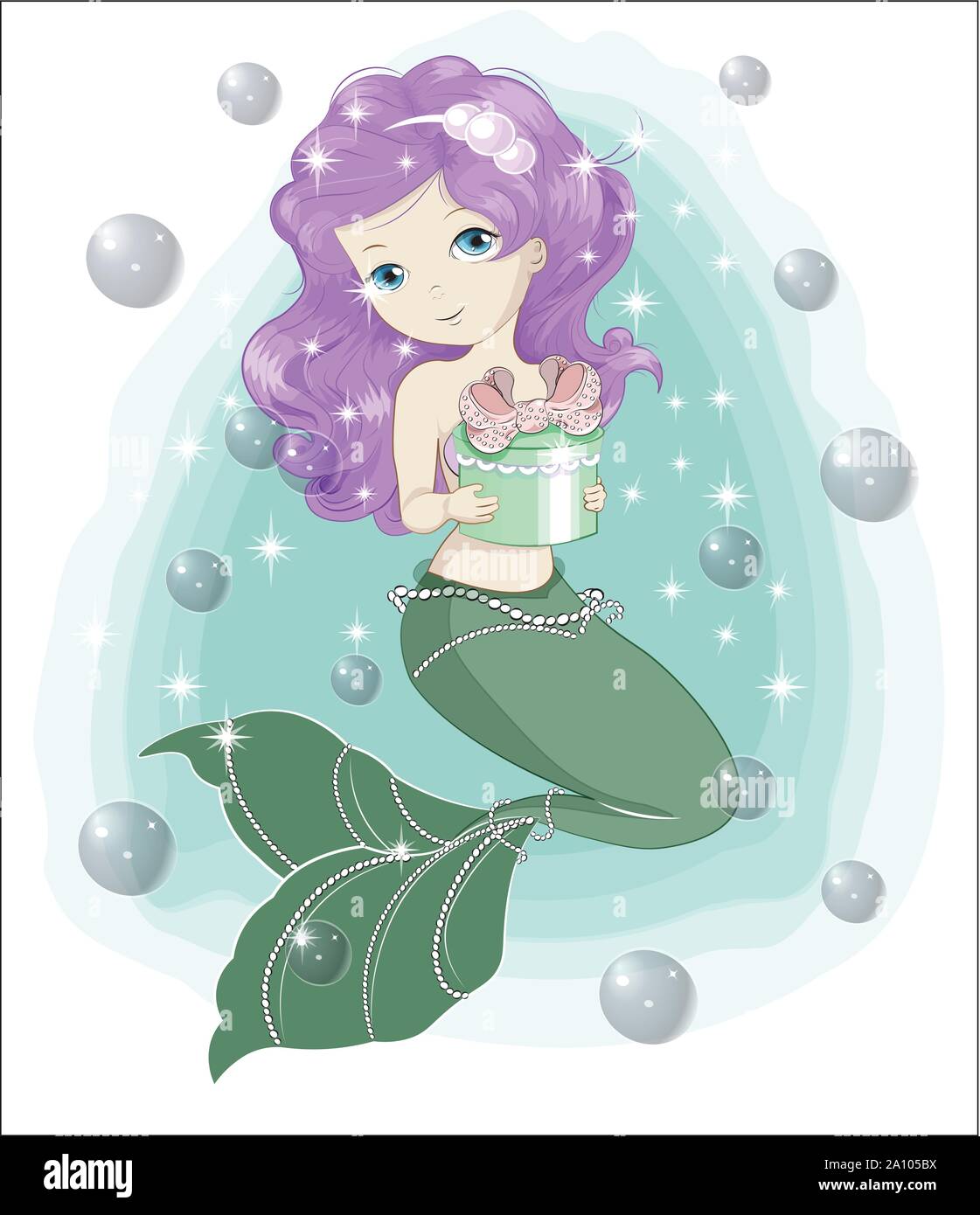 Belle Charmante Petite Sirene Princesse Avec Don La Photo Dans Le Style De Dessin A La Main Joyeux Anniversaire Carte Image Vectorielle Stock Alamy