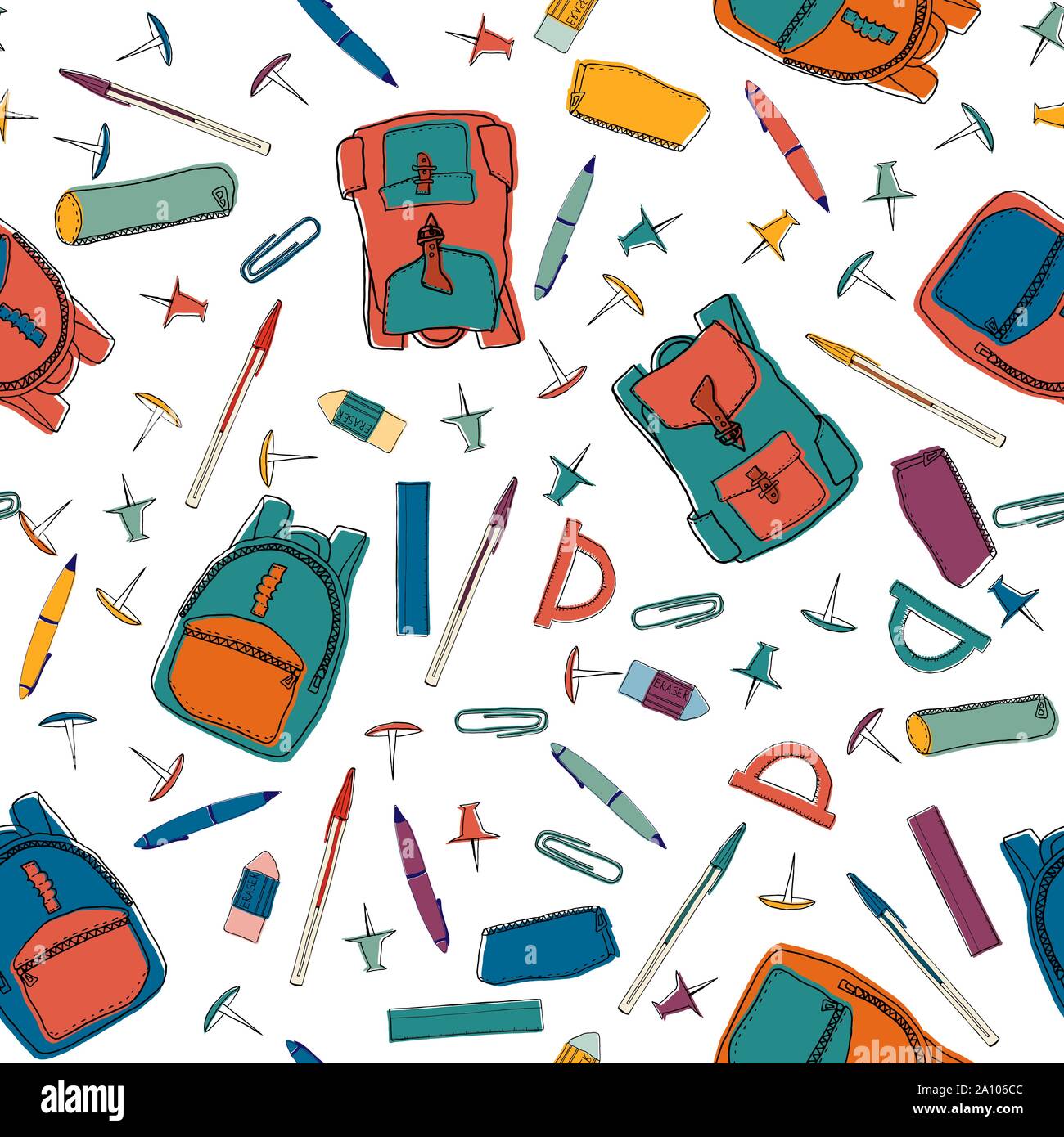 Colorful hand drawn seamless pattern faite d'articles de papeterie. Vector illustration avec les articles pour le papier d'emballage, de fonds d'écran, etc. Illustration de Vecteur