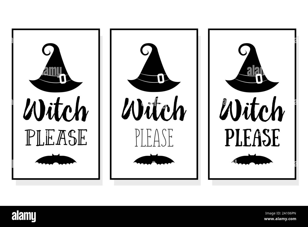 Ensemble d'affiches halloween sorcière lettrage s'il vous plaît. Vector illustration chapeau de sorcière. Les sorcières chapeau noir. Lettrage Halloween sur silhouette hat. Illustration de Vecteur