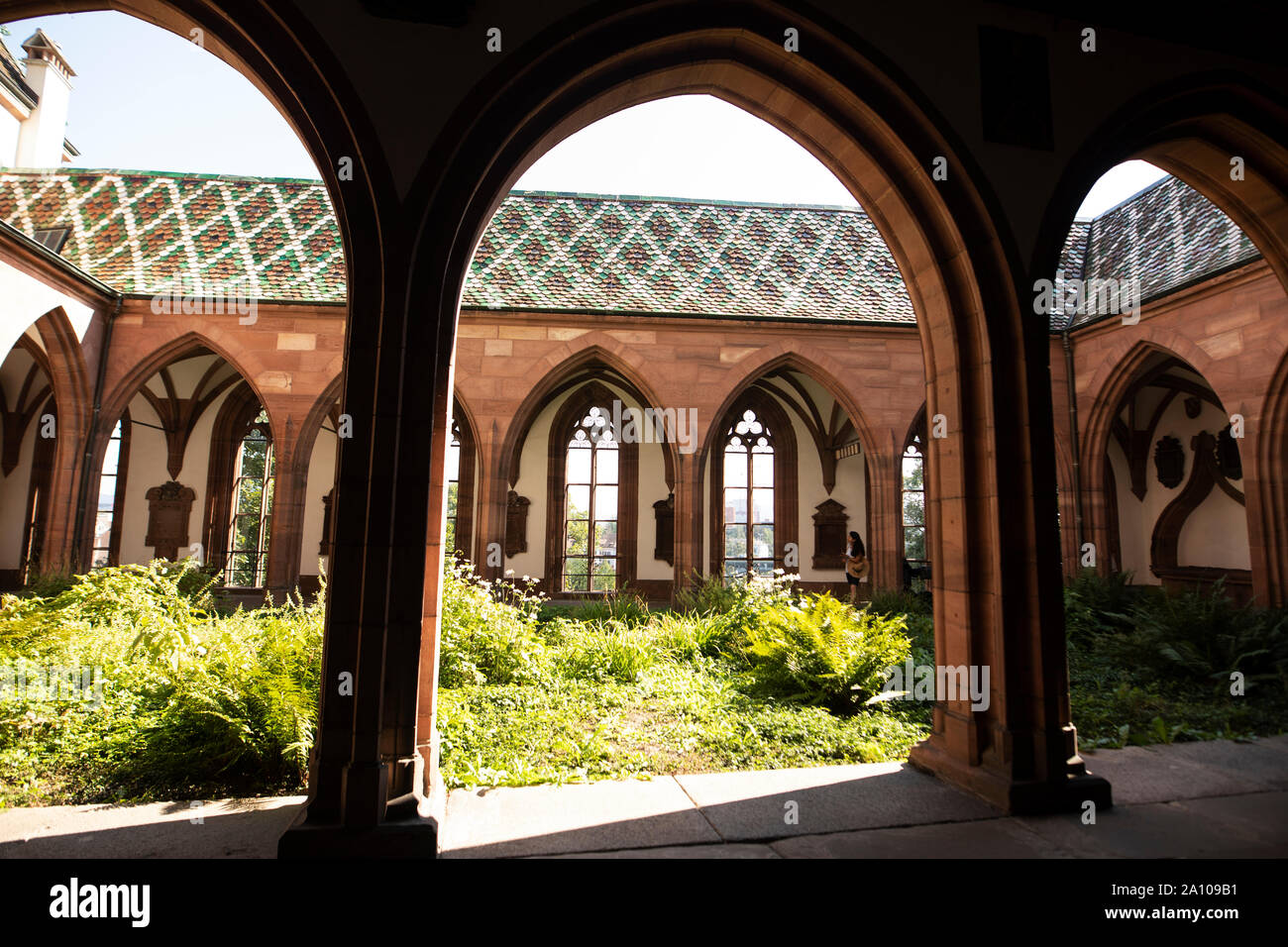 Le jardin de la cour cloître à l'extérieur de la chapelle Saint-Nicolas à Basel Minster (cathédrale) dans le centre de la vieille ville de Bâle, en Suisse. Banque D'Images