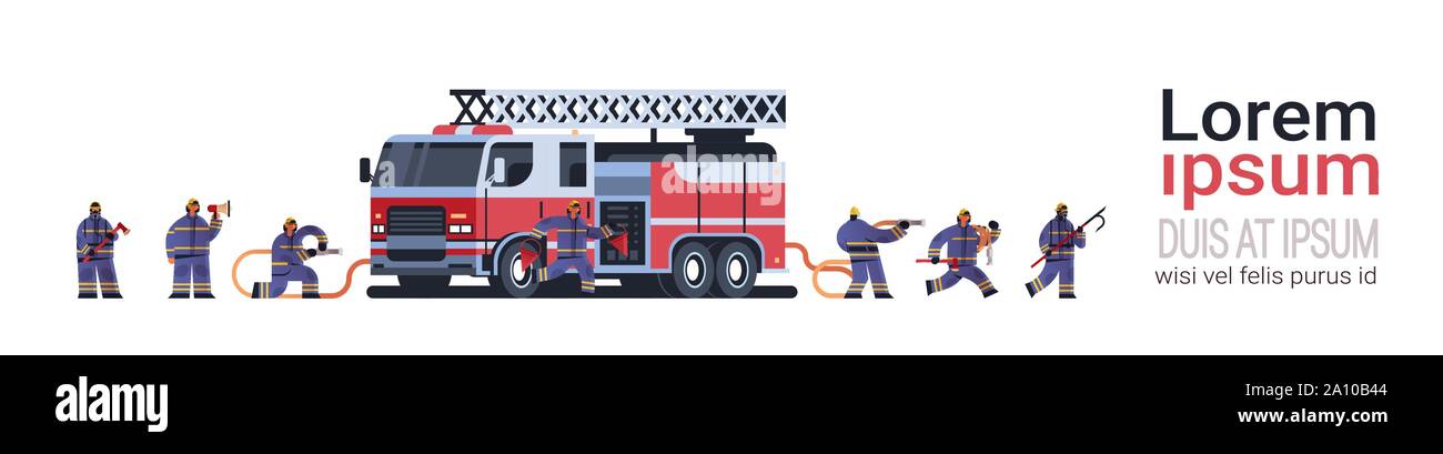 Braves pompiers de camion à incendie s'apprête à éteindre le feu les pompiers en uniforme et d'urgence incendie casque concept service télévision Illustration de Vecteur