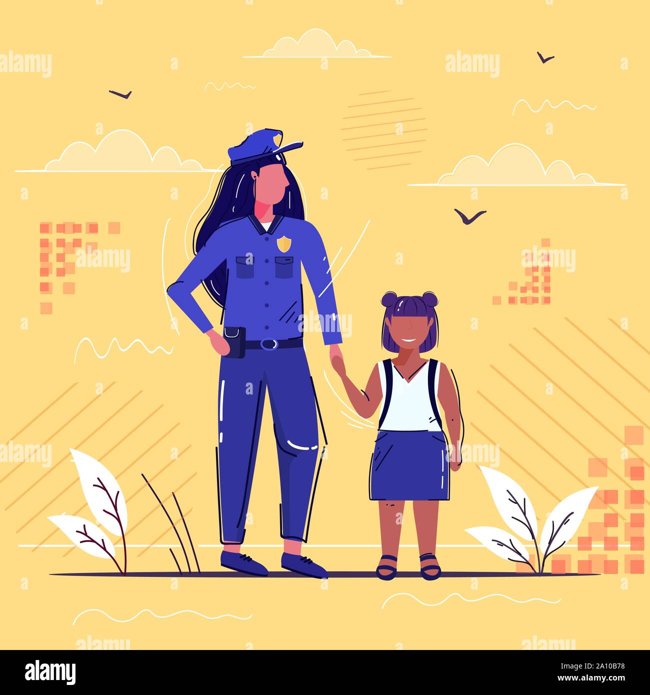 Agent de police féminin holding hand peu african american girl policière dans l'uniforme de lycéenne se tenant ensemble la justice de l'autorité de sécurité Illustration de Vecteur
