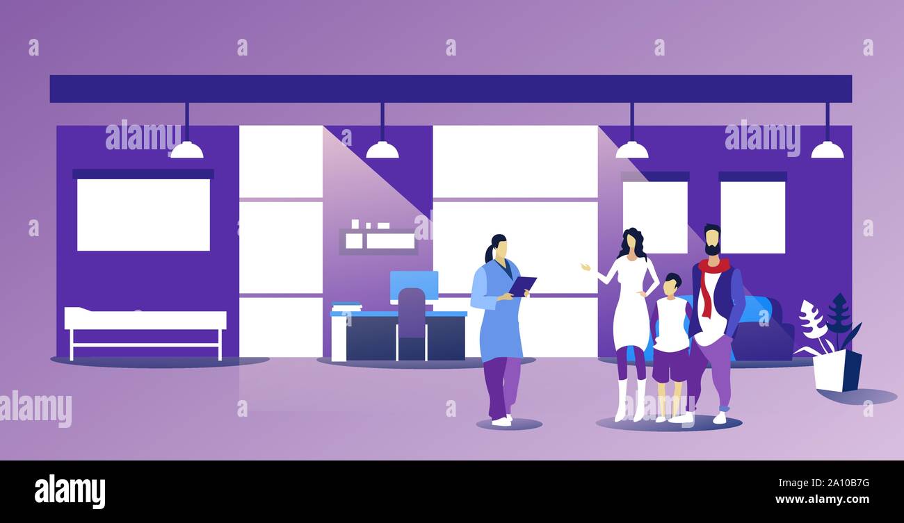 Les parents avec enfant visiter femme médecin de famille donnant ordonnance pour les patients de consultation médicale de soins moderne concept office interior Illustration de Vecteur