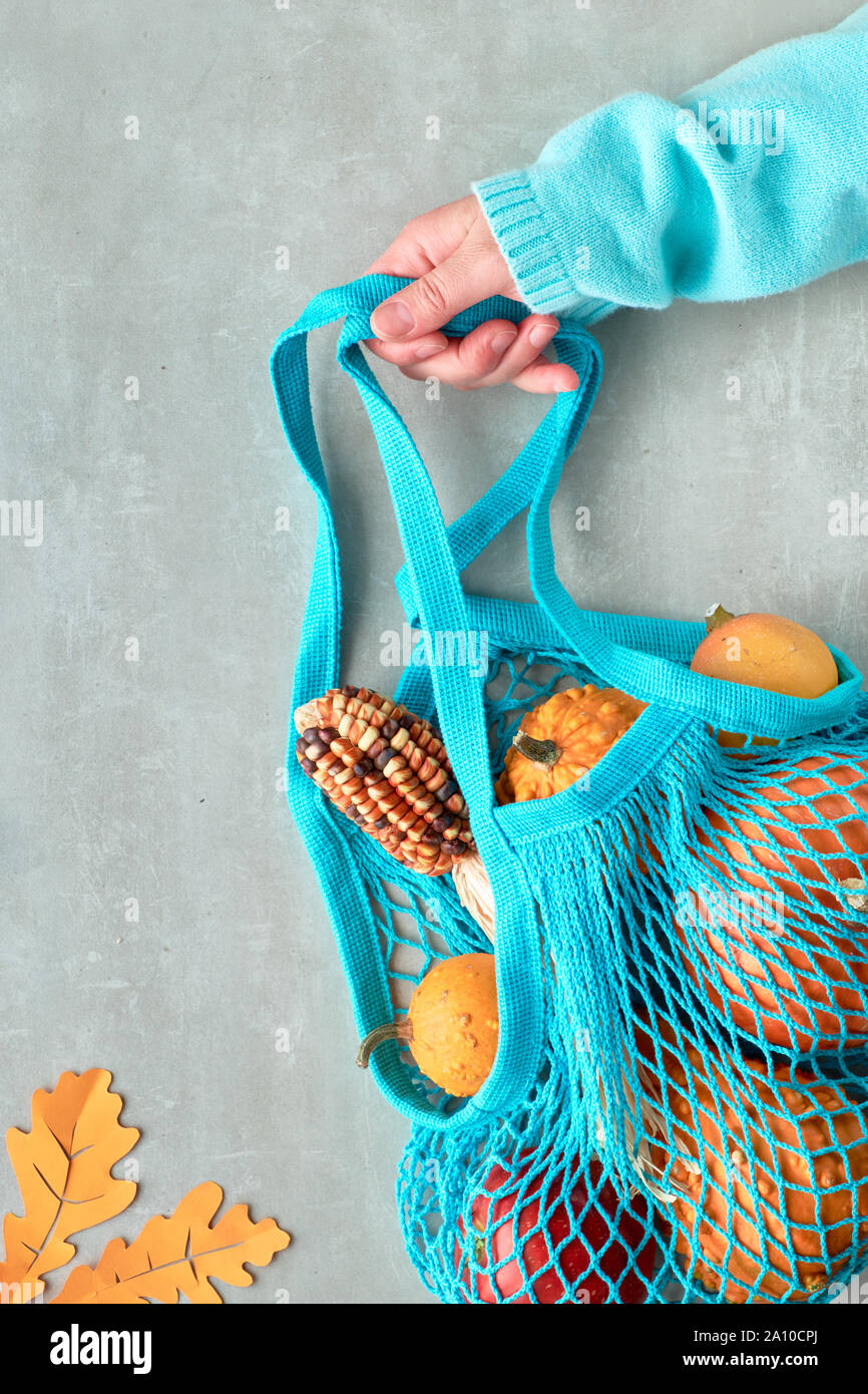 Mise à plat d'automne avec string turquoise sac avec citrouilles orange, top vie sur fond noir en gris Banque D'Images