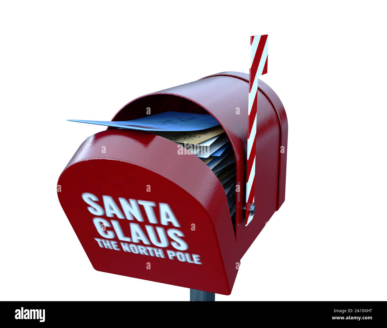 Un concept de Noël représentant une boîte aux lettres rouges appartenant à santa clause regorge de cadeaux pour enfants lettres à lui sur un blanc isolé ba Banque D'Images