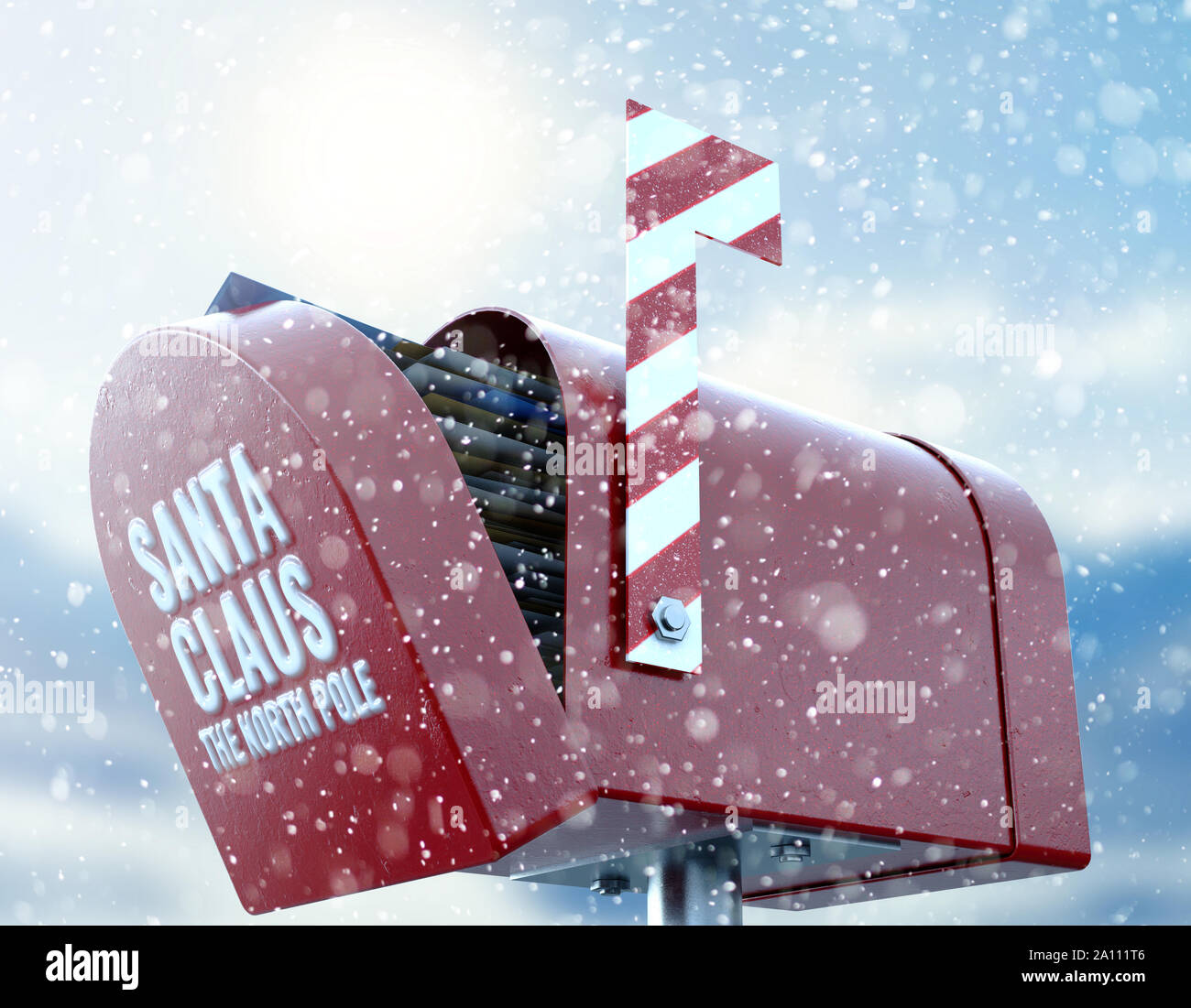Un concept de Noël représentant une boîte aux lettres rouges appartenant à santa clause regorge de cadeaux pour enfants lettres à lui sur un background froid neigeux Banque D'Images