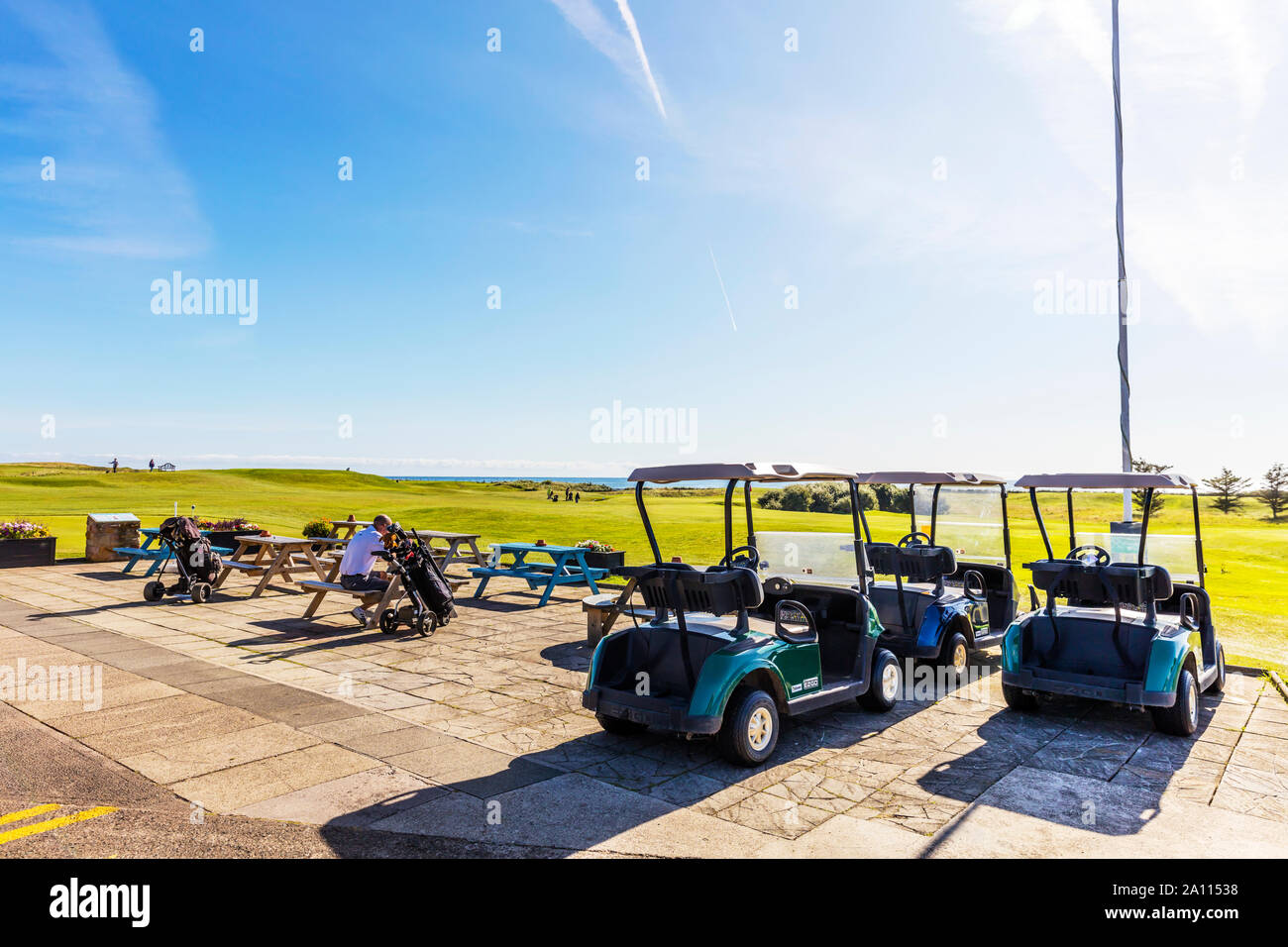 Largs golf club, club de golf de Seahouses, Northumberland Links golf course, golf, club de golf, clubs de golf, Largs, voiturettes de golf, buggies, Banque D'Images