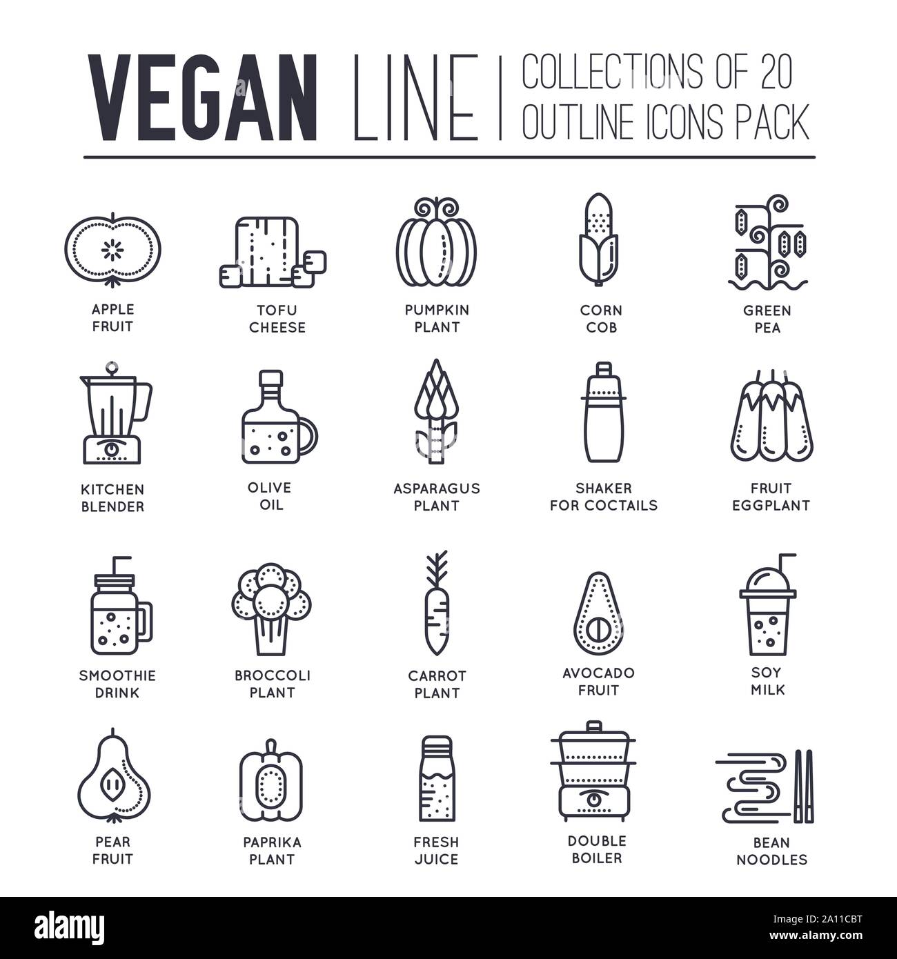 Ensemble de vegan fine ligne Icones, Logos isolé sur fond blanc. Fruits et légumes contours pictogrammes collection. Aliments végétariens et des boissons des éléments de vecteur pour l'infographie, web. Illustration de Vecteur