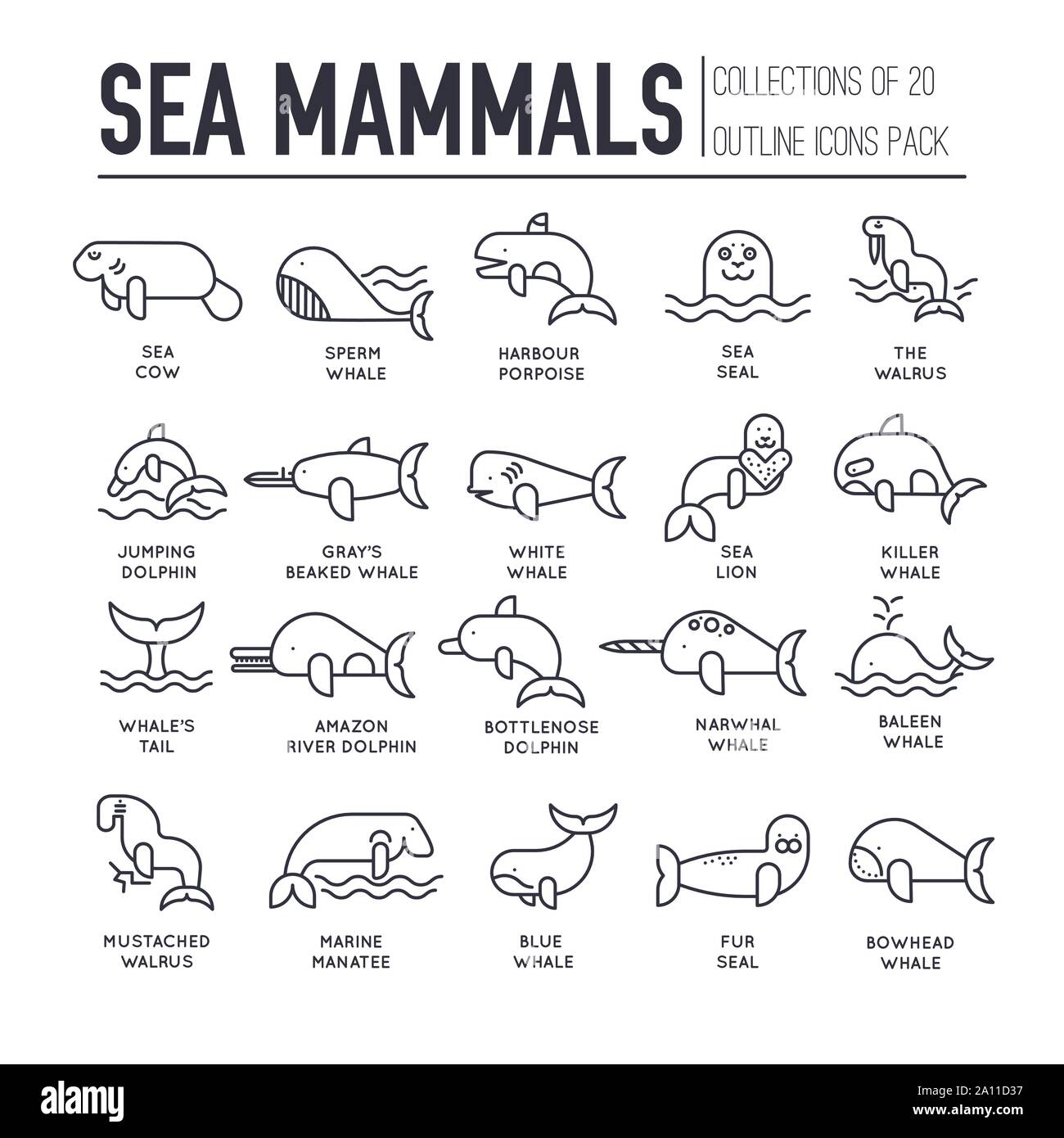Ensemble de mammifères marins fine ligne Icones, Logos isolé sur fond blanc. Logement Eau habitants contours pictogrammes collection. Les animaux de l'océan des éléments de vecteur pour l'infographie, web. Illustration de Vecteur