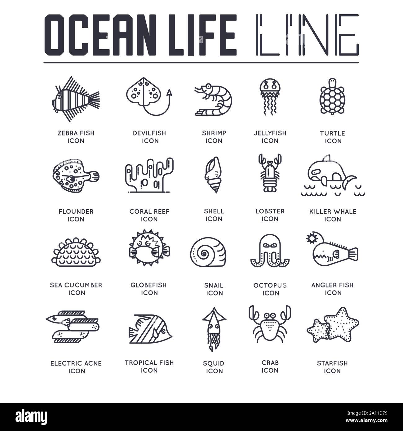Ensemble de la vie des océans fine ligne icônes isolé sur fond blanc. Habitants sous-marins pictogrammes contour collection. Les plantes aquatiques, les poissons, les animaux des éléments de vecteur pour l'infographie, web. Illustration de Vecteur