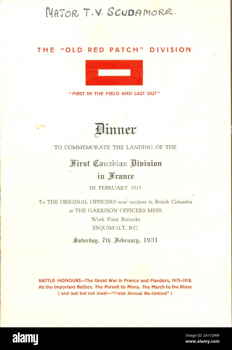 Le dîner pour commémorer le débarquement de la Première Division canadienne en France en février 1915 s'est tenue le 7 février 1931. Banque D'Images