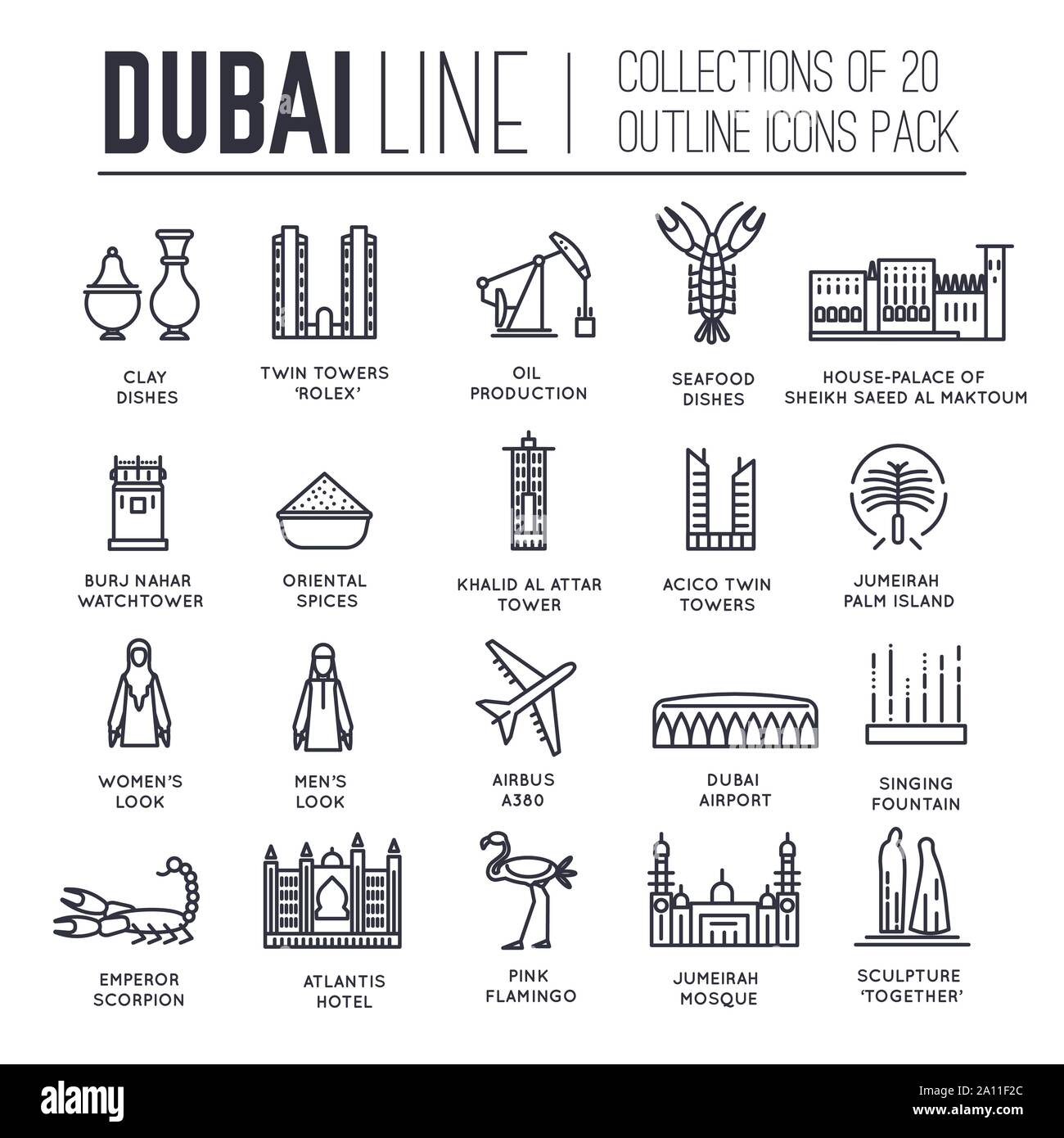 Ensemble de symboles de la culture et les attractions de Dubaï fine ligne d'icônes sur blanc. Aperçu de l'architecture célèbre collection de pictogrammes. Des repères, des éléments du vecteur des plats pour l'infographie, web. Illustration de Vecteur