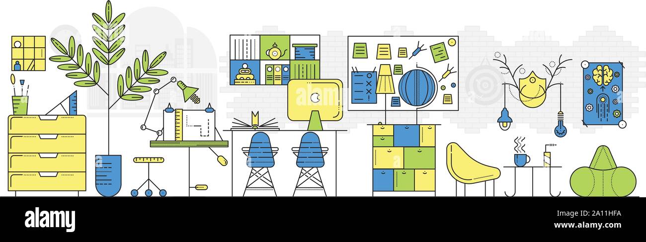 L'intérieur de bureau moderne. L'environnement de travail avec mobilier : chaises, bureau, étagères pour les documents, ordinateur, tableau, lampes, plante. Espace de créativité pour le co-working. Télévision vecteur illustration. Illustration de Vecteur