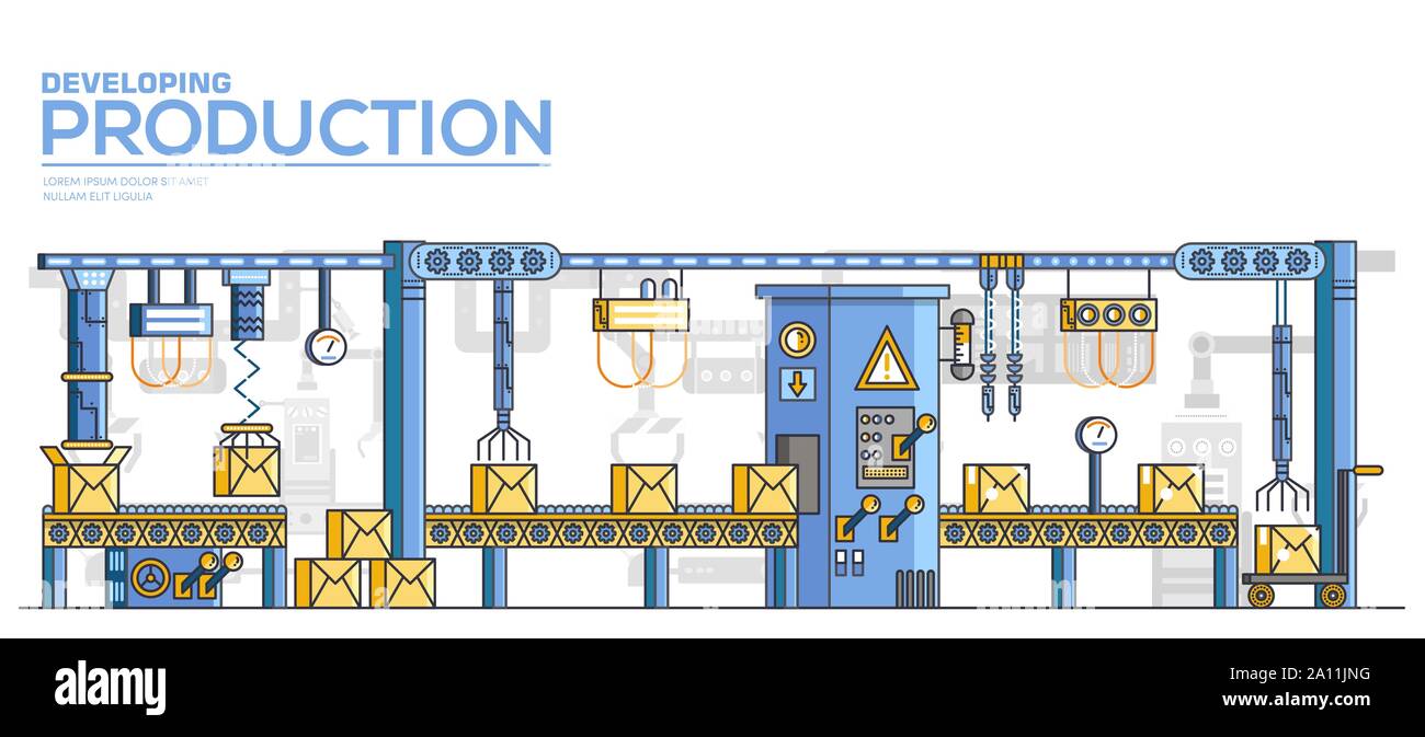 Processus de produits d'emballage dans des boîtes et de transport à l'entrepôt. Les technologies modernes de fabrication, de production de biens sur l'usine ou d'usine. Illustration vecteur ligne automatique du convoyeur. Illustration de Vecteur