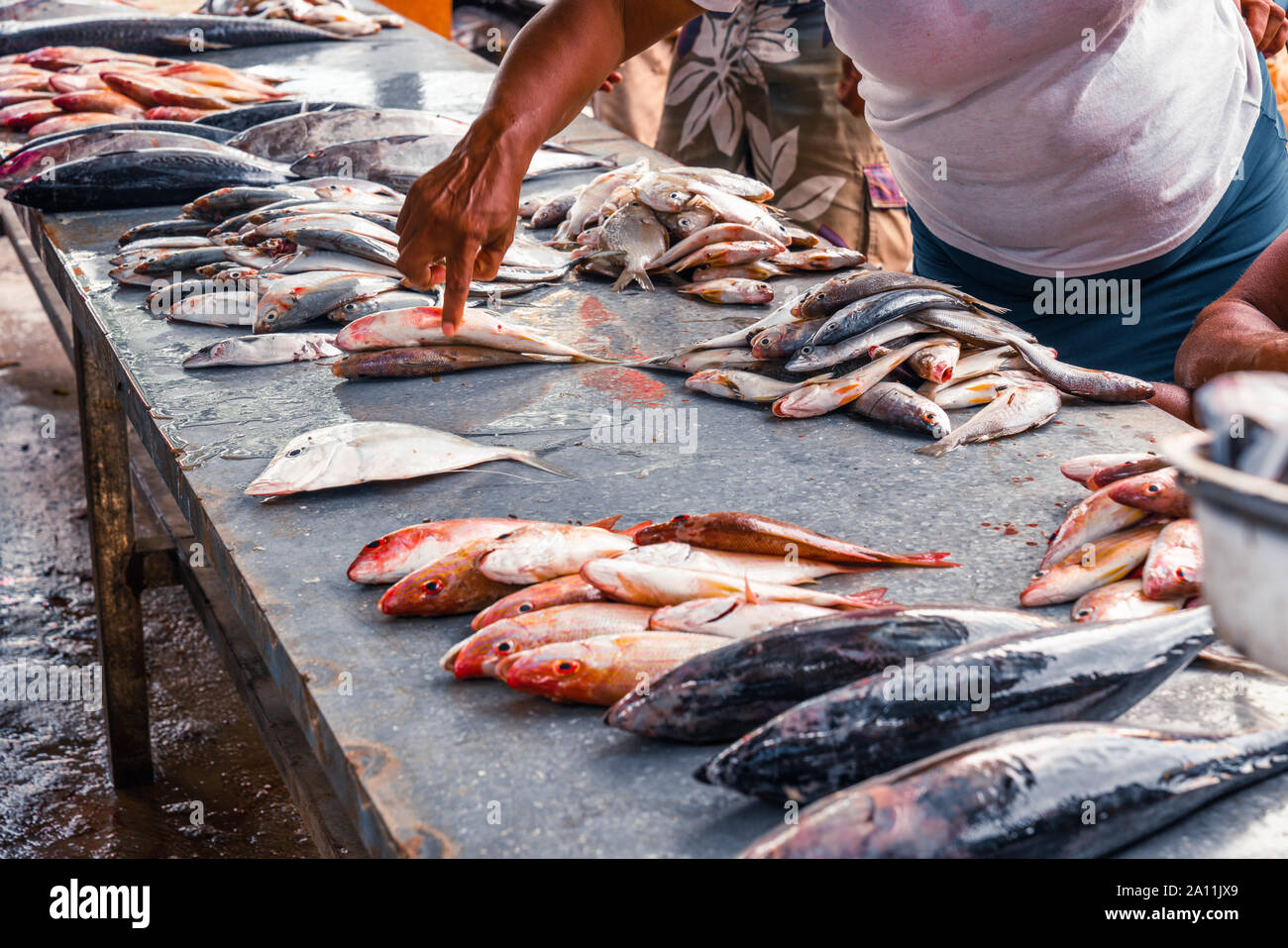La vente au détail de poissons sur le comptoir sale du marché aux poissons, autour de personnes qui regardent et choisissez des poissons. Banque D'Images