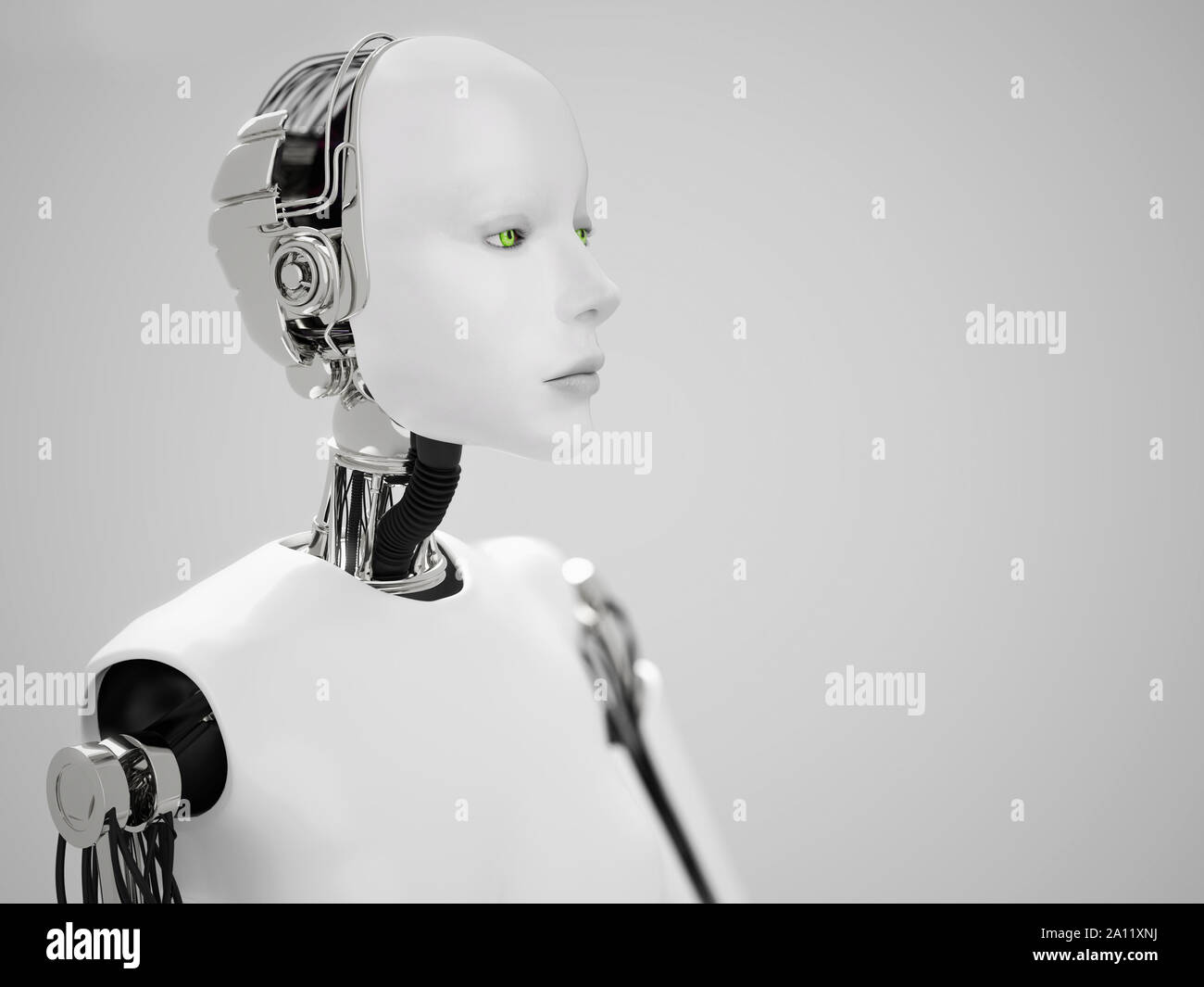 Le rendu 3D d'un robot femelle tête avec fond gris. Concept d'intelligence artificielle. Banque D'Images